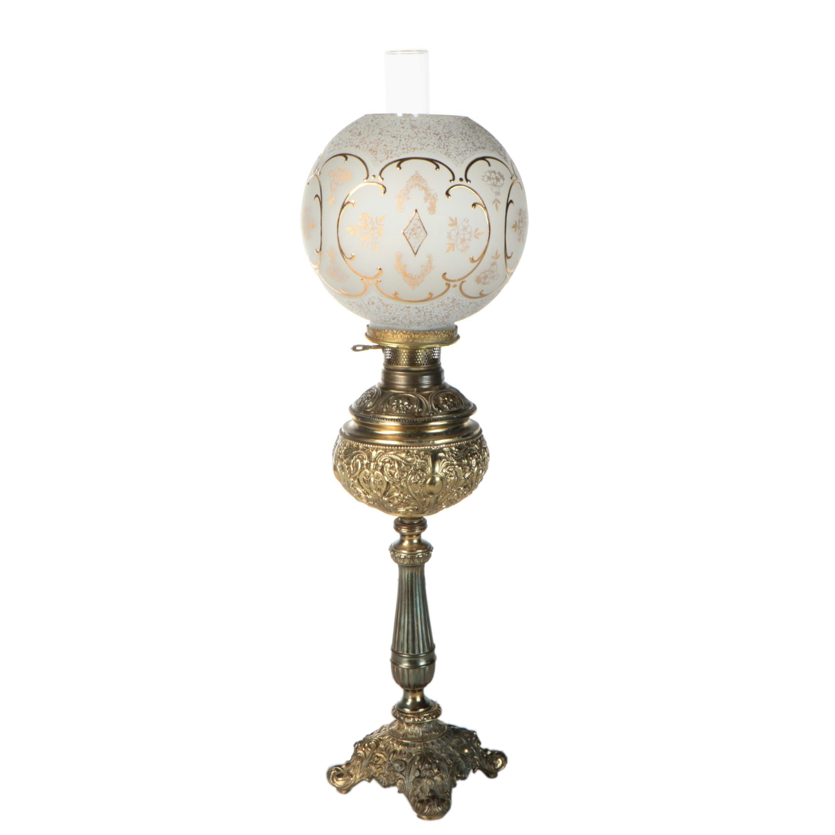 Late Victorian Bas Relief Brass Oil Banquet Lamp, Adapted Mid-20th Century