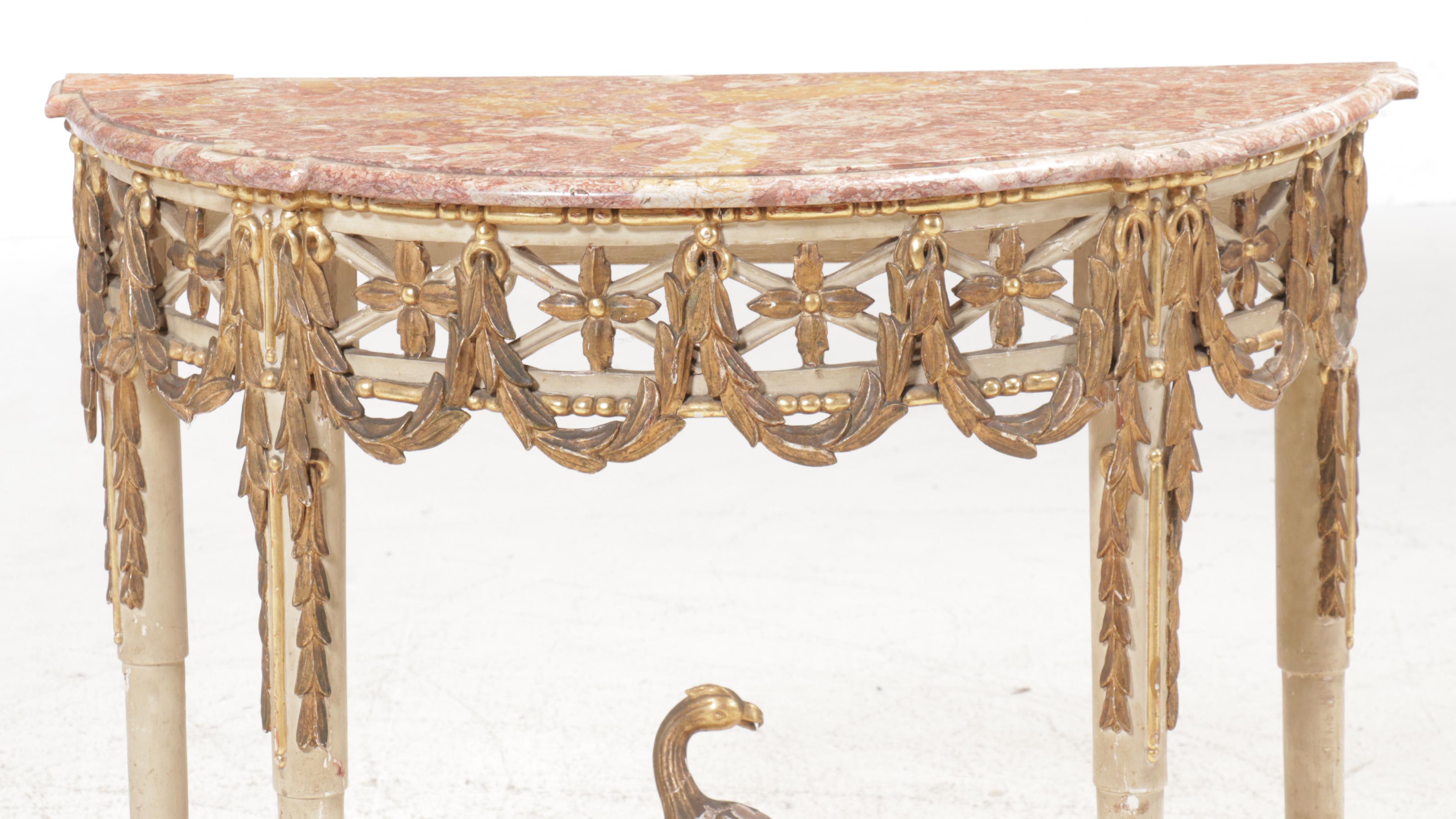 Louis XVI Style Marble Top Demilune Console Table