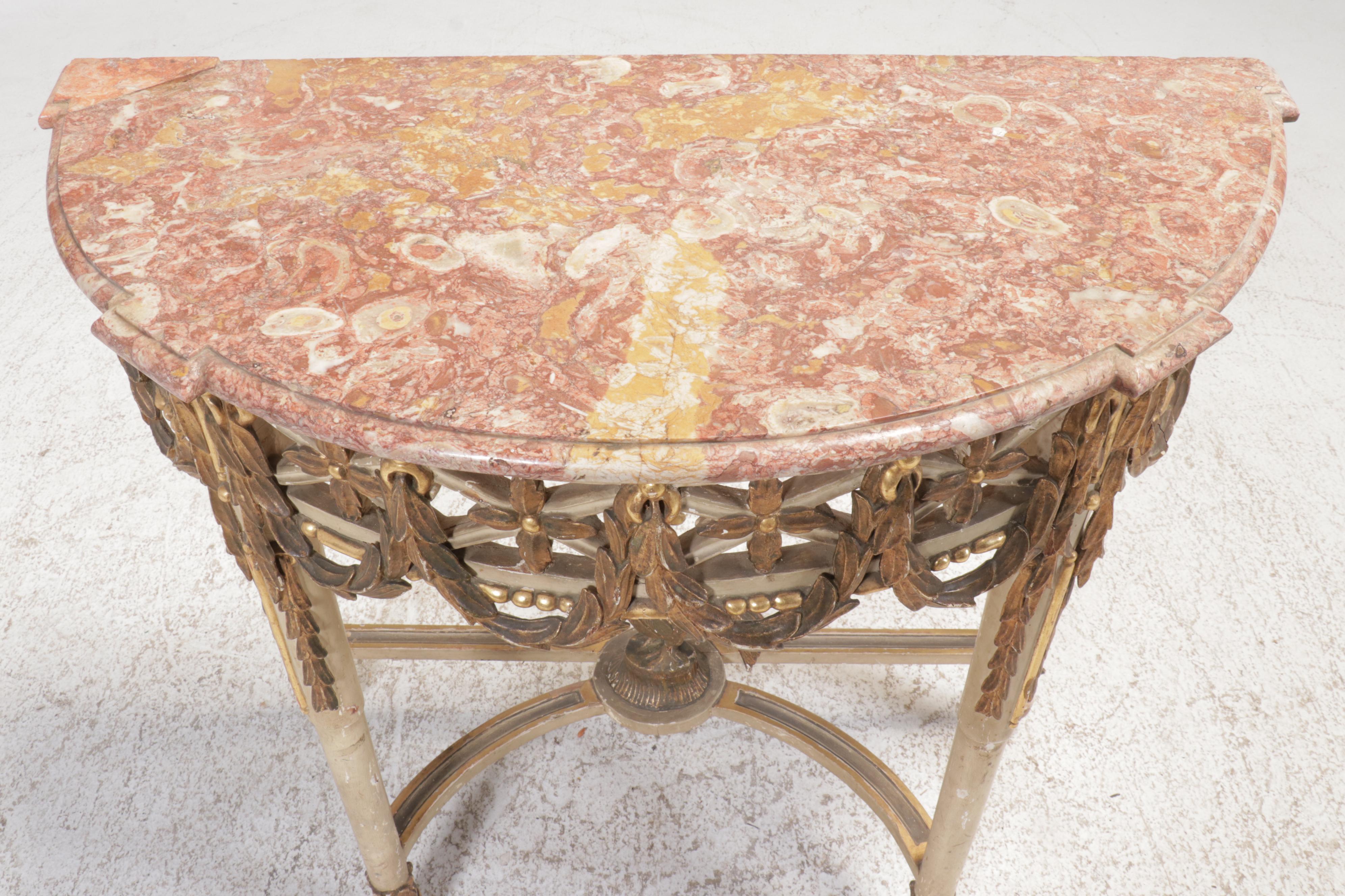 Louis XVI Style Marble Top Demilune Console Table