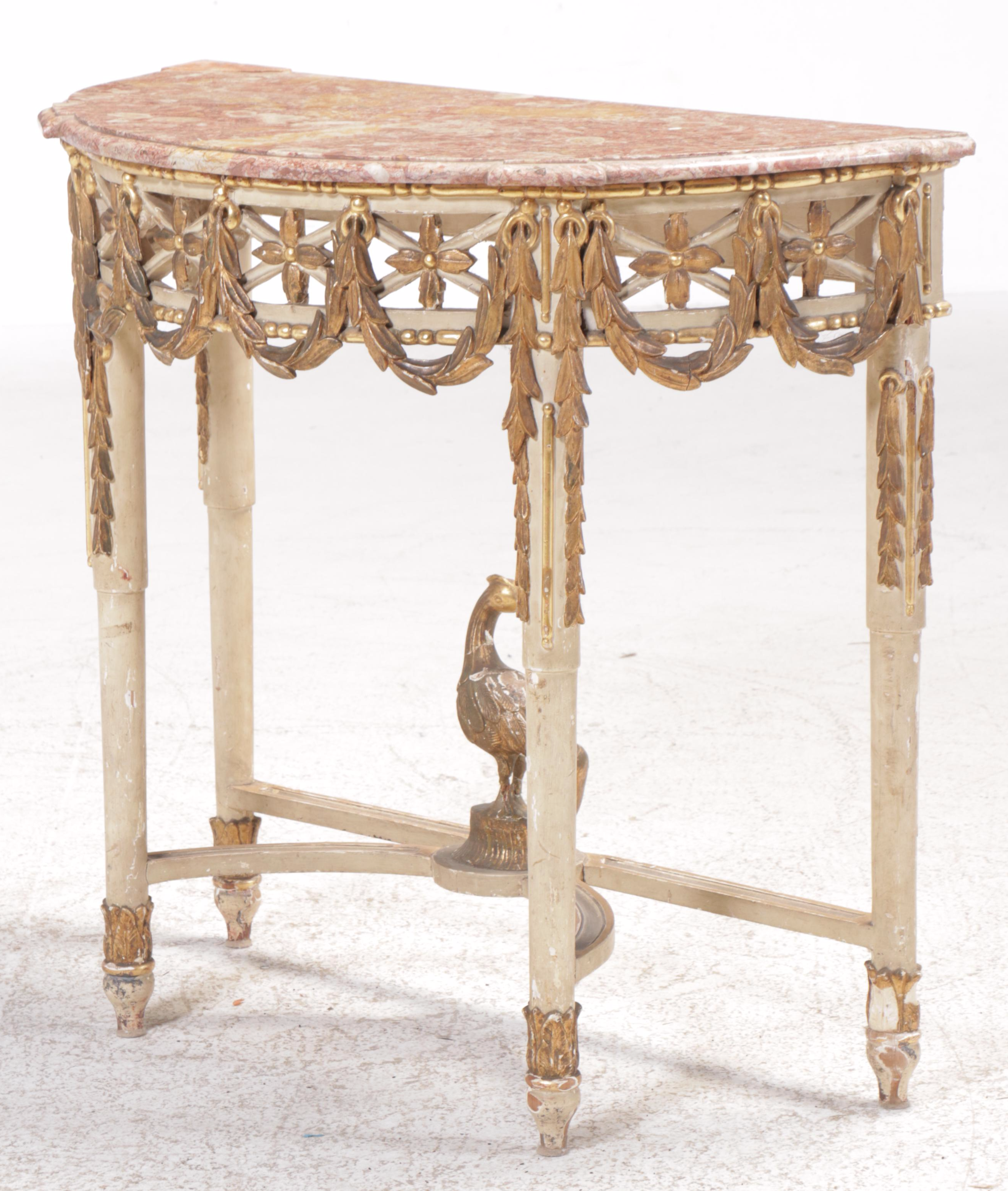 Louis XVI Style Marble Top Demilune Console Table
