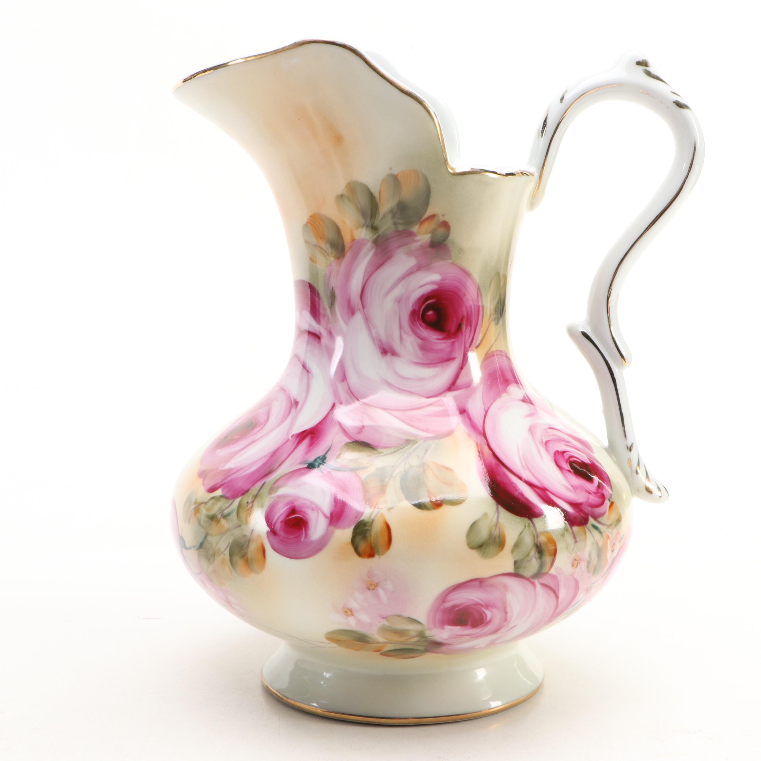 American Limoges Hand-Painted Roses Pitcher and Basin, Early/ Mid-20th Century