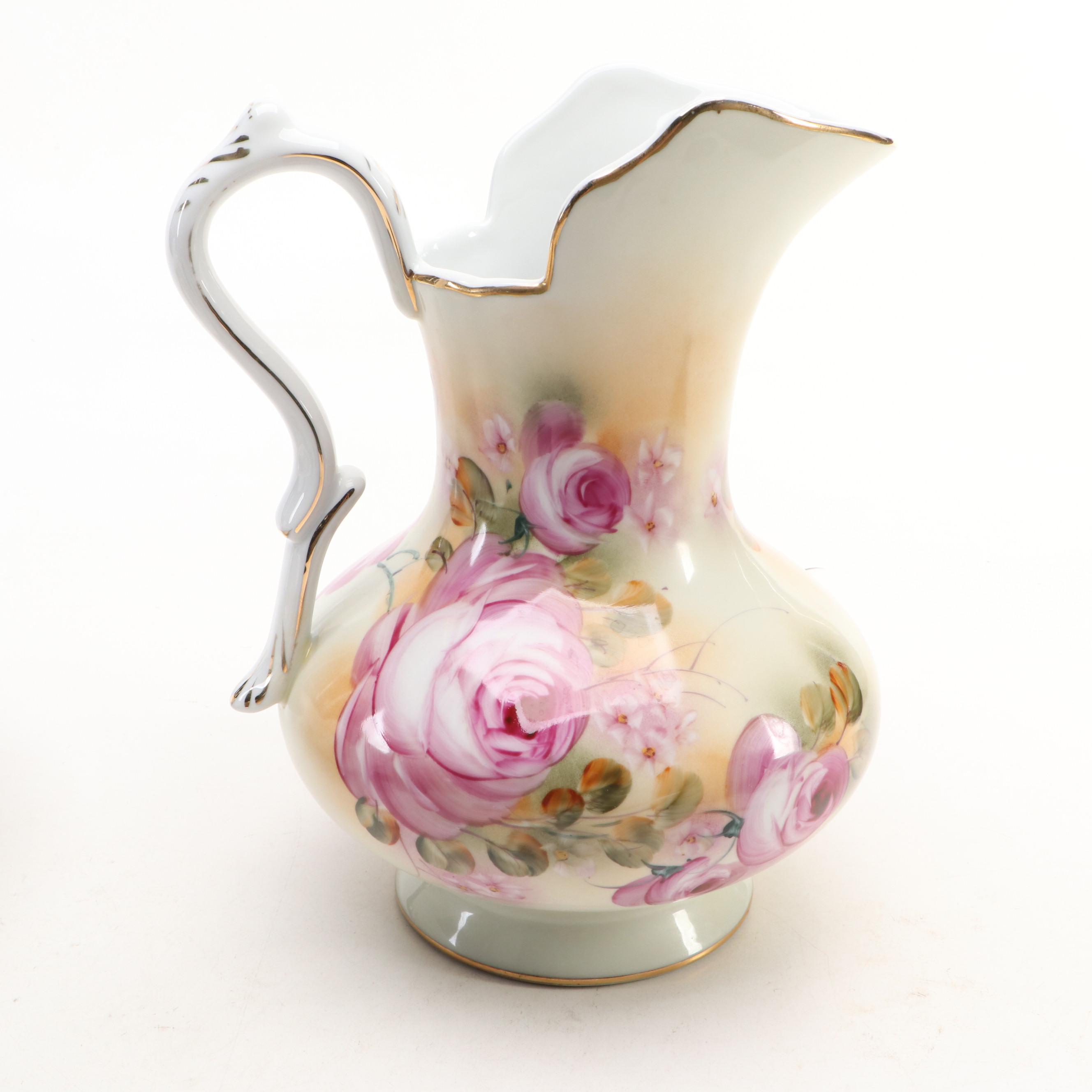 American Limoges Hand-Painted Roses Pitcher and Basin, Early/ Mid-20th Century
