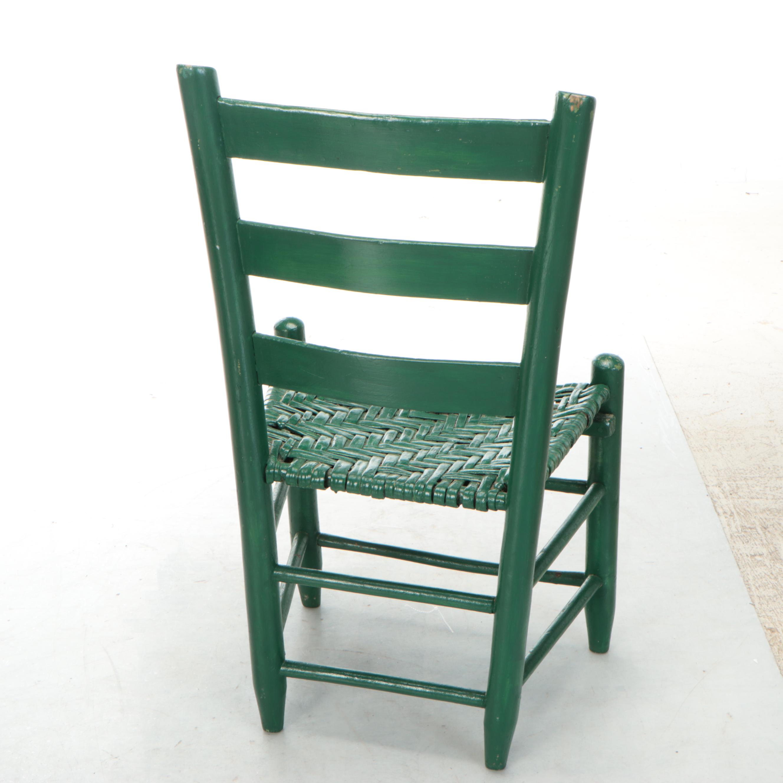Two Early American Style Green-Painted Wood and Rush Side Chairs