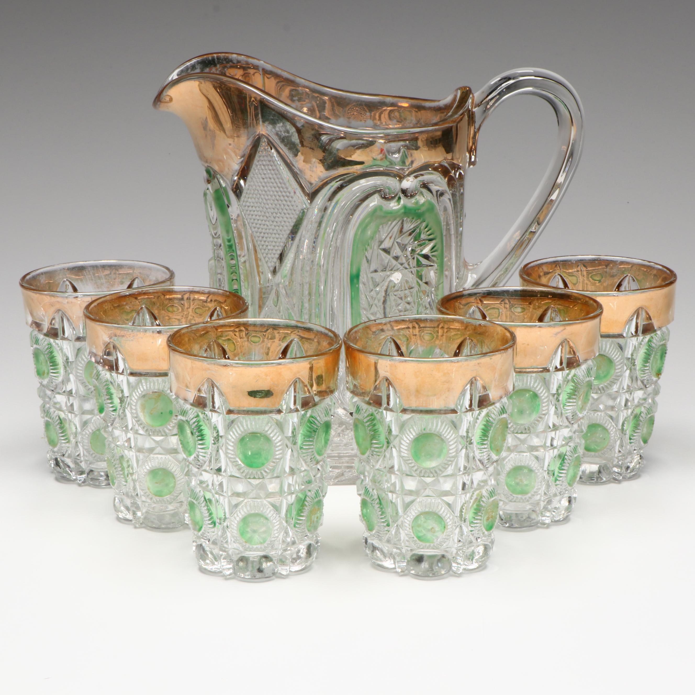 EAPG US Glass "Bull's Eye and Daisy Green" Pitcher and Tumblers, 1909