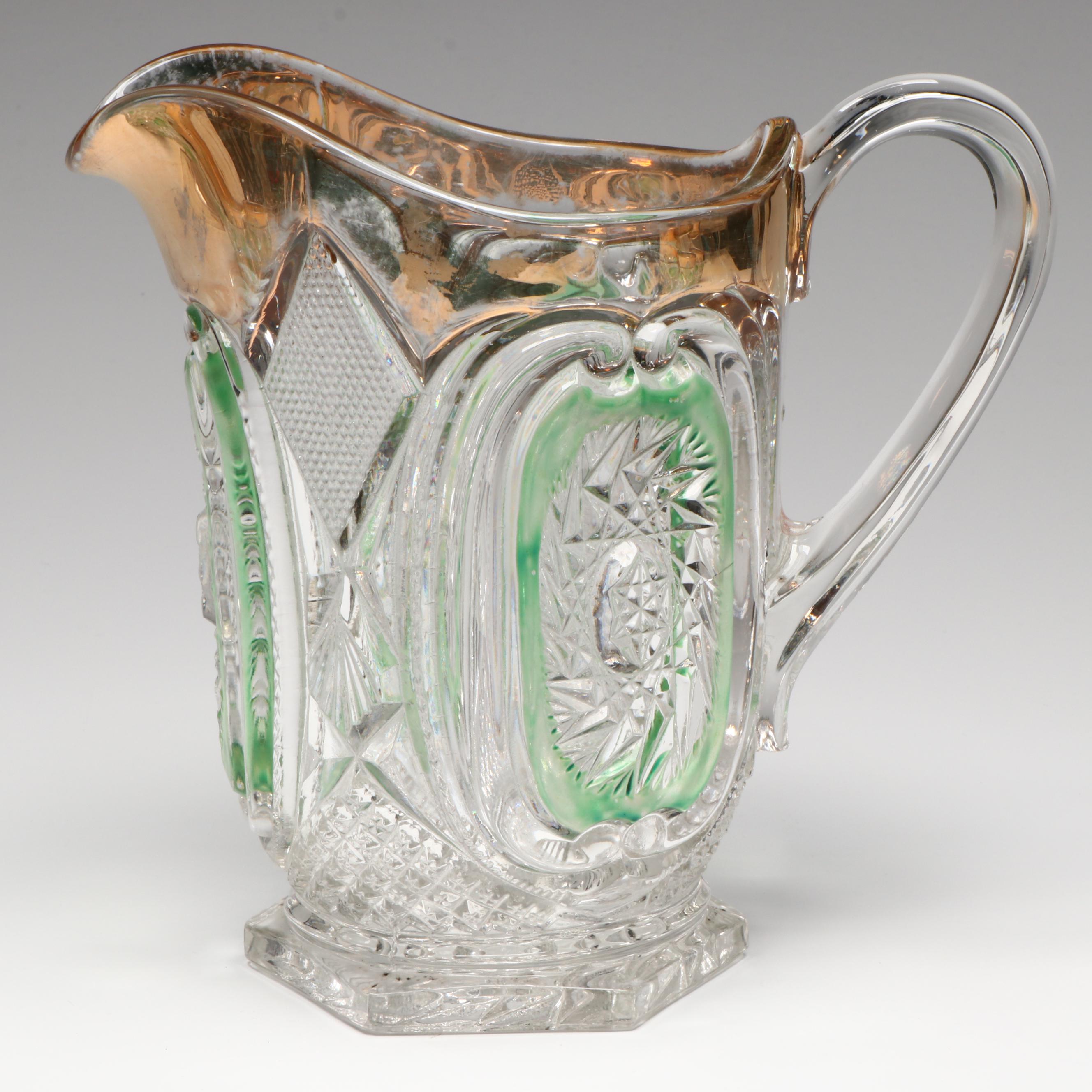 EAPG US Glass "Bull's Eye and Daisy Green" Pitcher and Tumblers, 1909