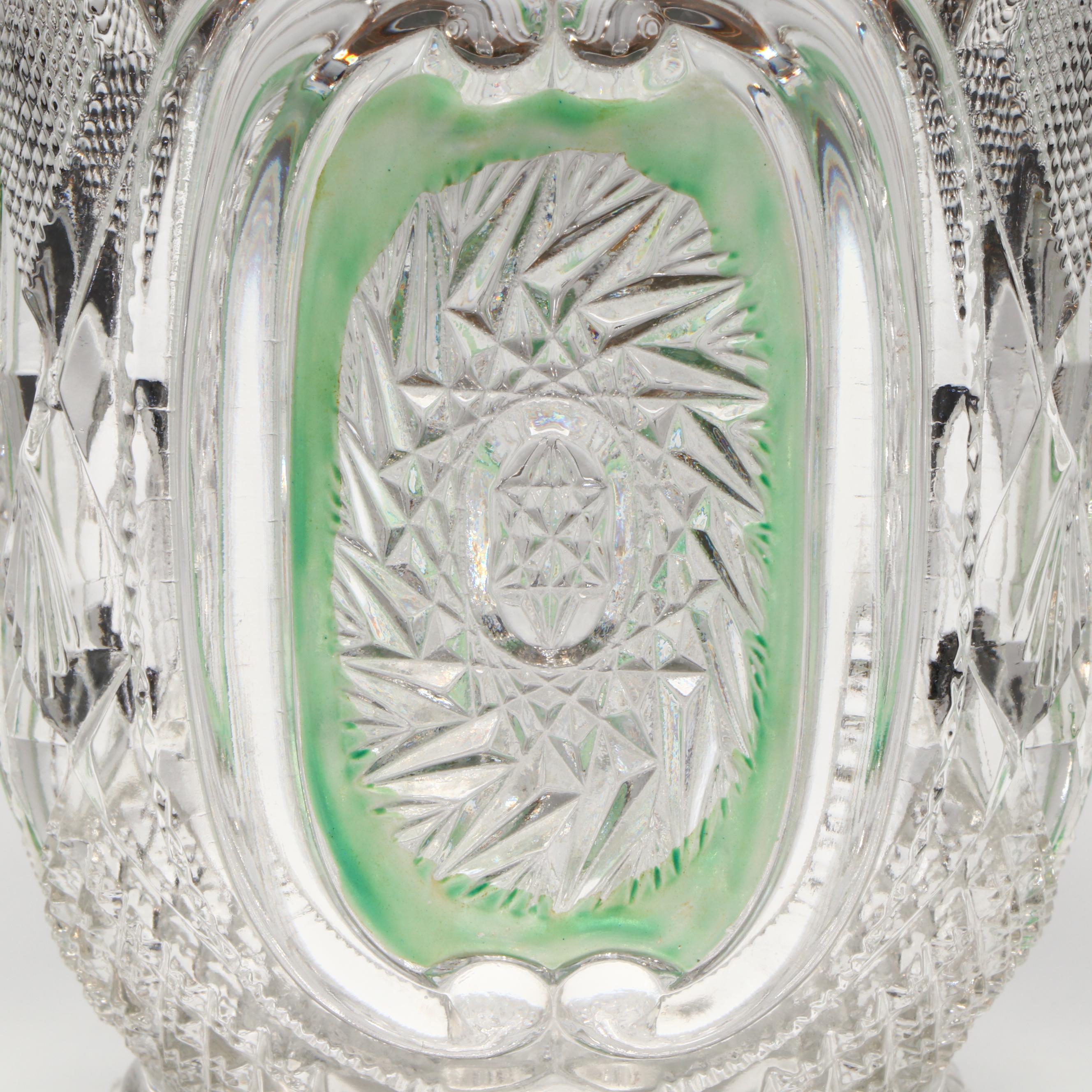 EAPG US Glass "Bull's Eye and Daisy Green" Pitcher and Tumblers, 1909