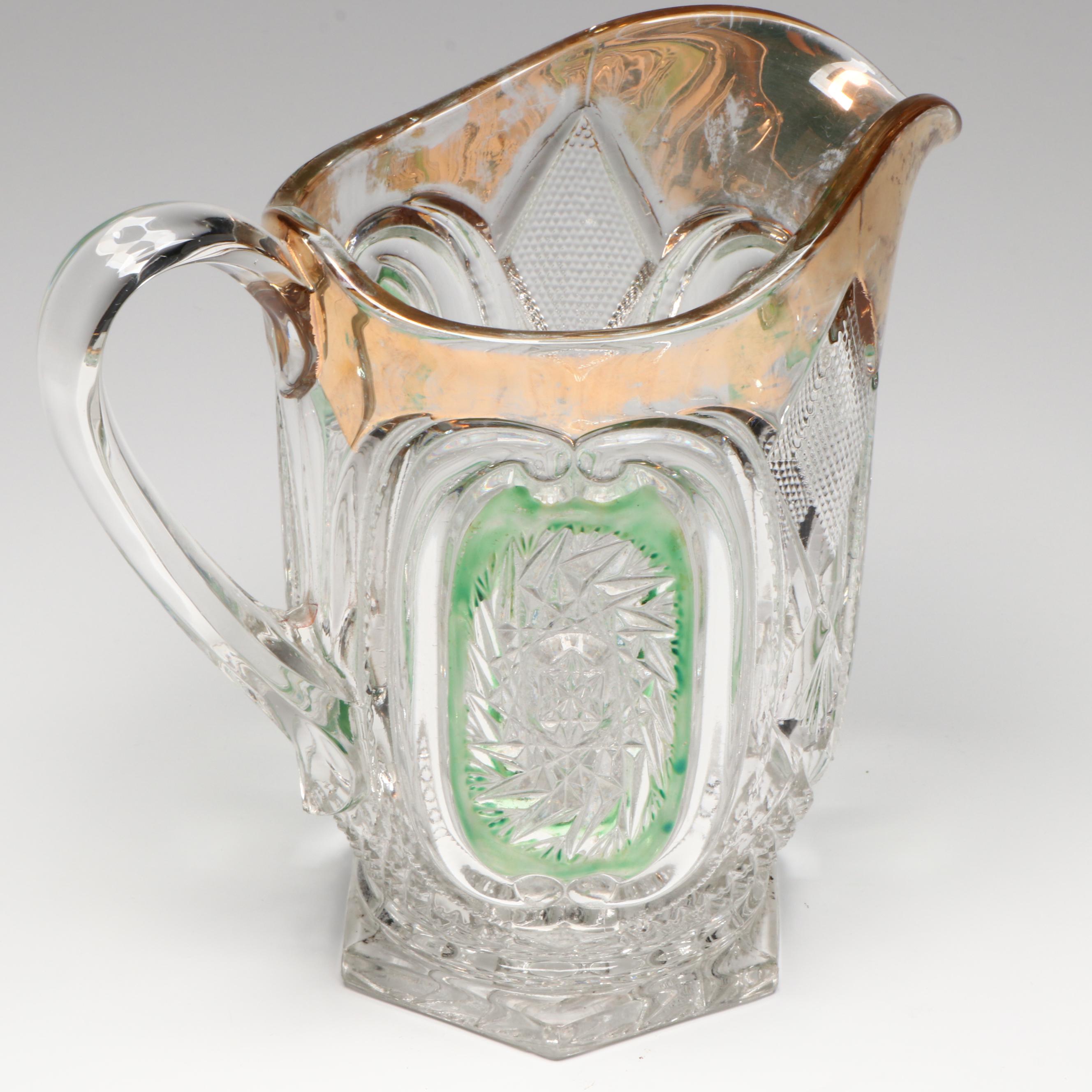 EAPG US Glass "Bull's Eye and Daisy Green" Pitcher and Tumblers, 1909