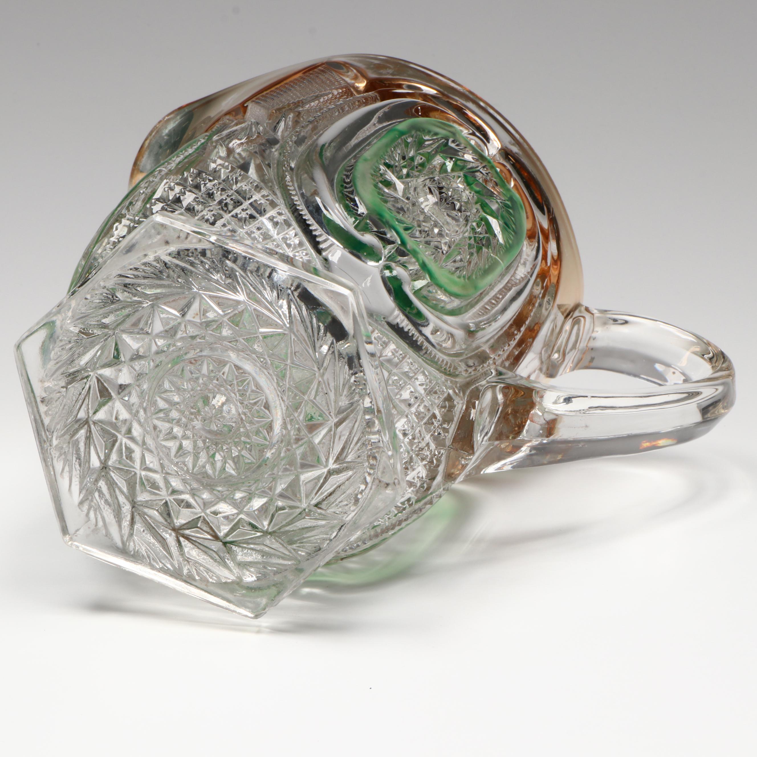 EAPG US Glass "Bull's Eye and Daisy Green" Pitcher and Tumblers, 1909