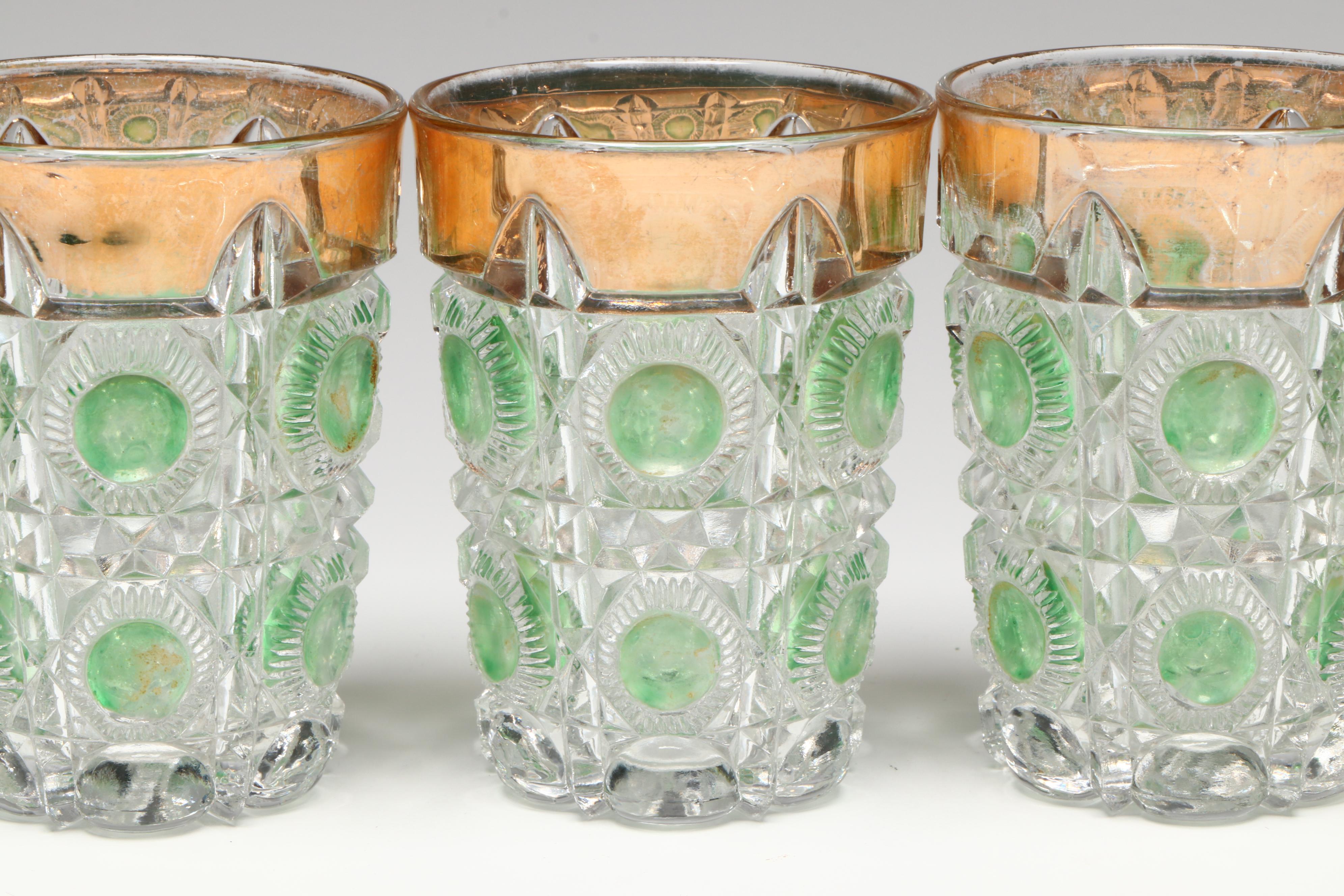 EAPG US Glass "Bull's Eye and Daisy Green" Pitcher and Tumblers, 1909