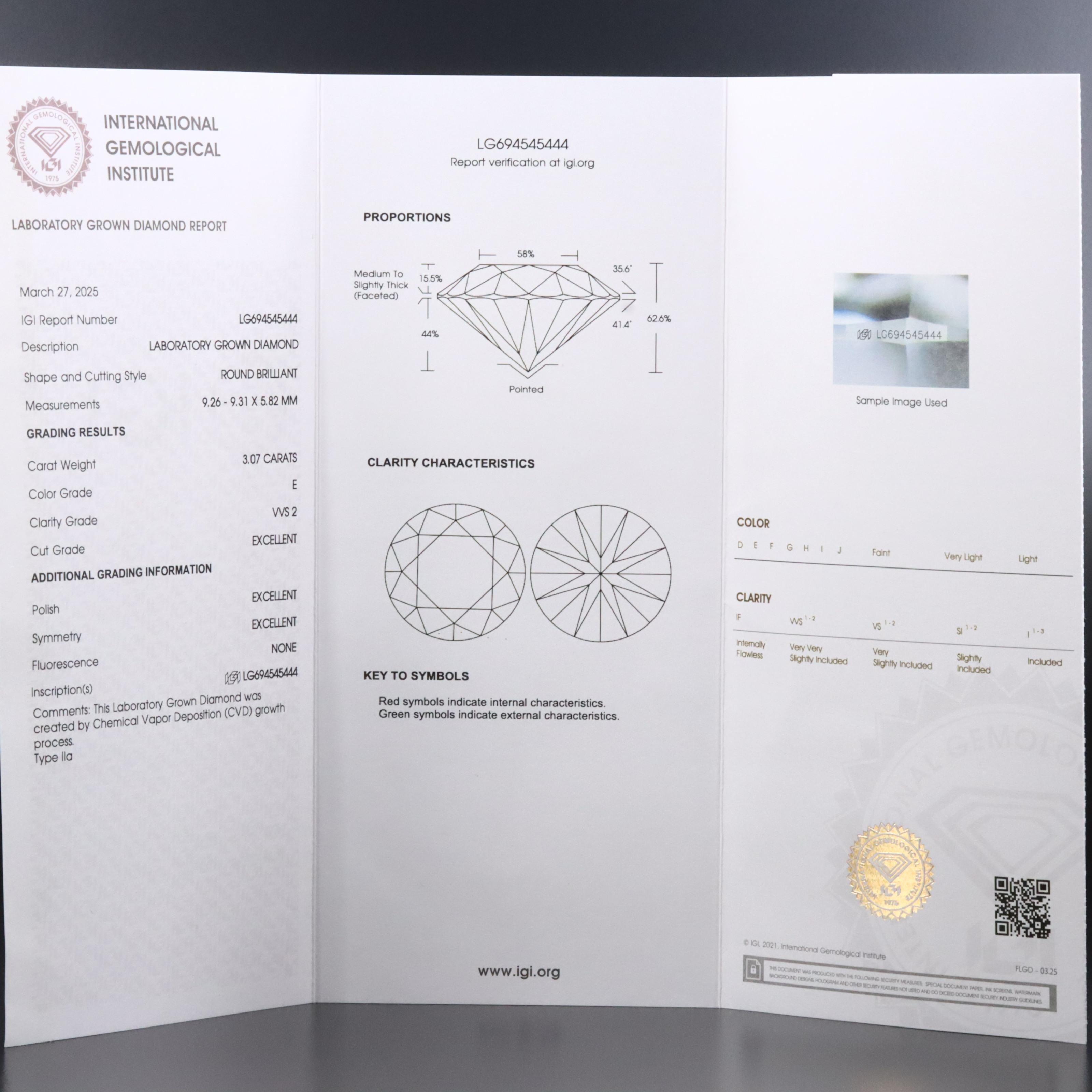 Loose 3.07 CT Lab Grown Diamond with IGI Report
