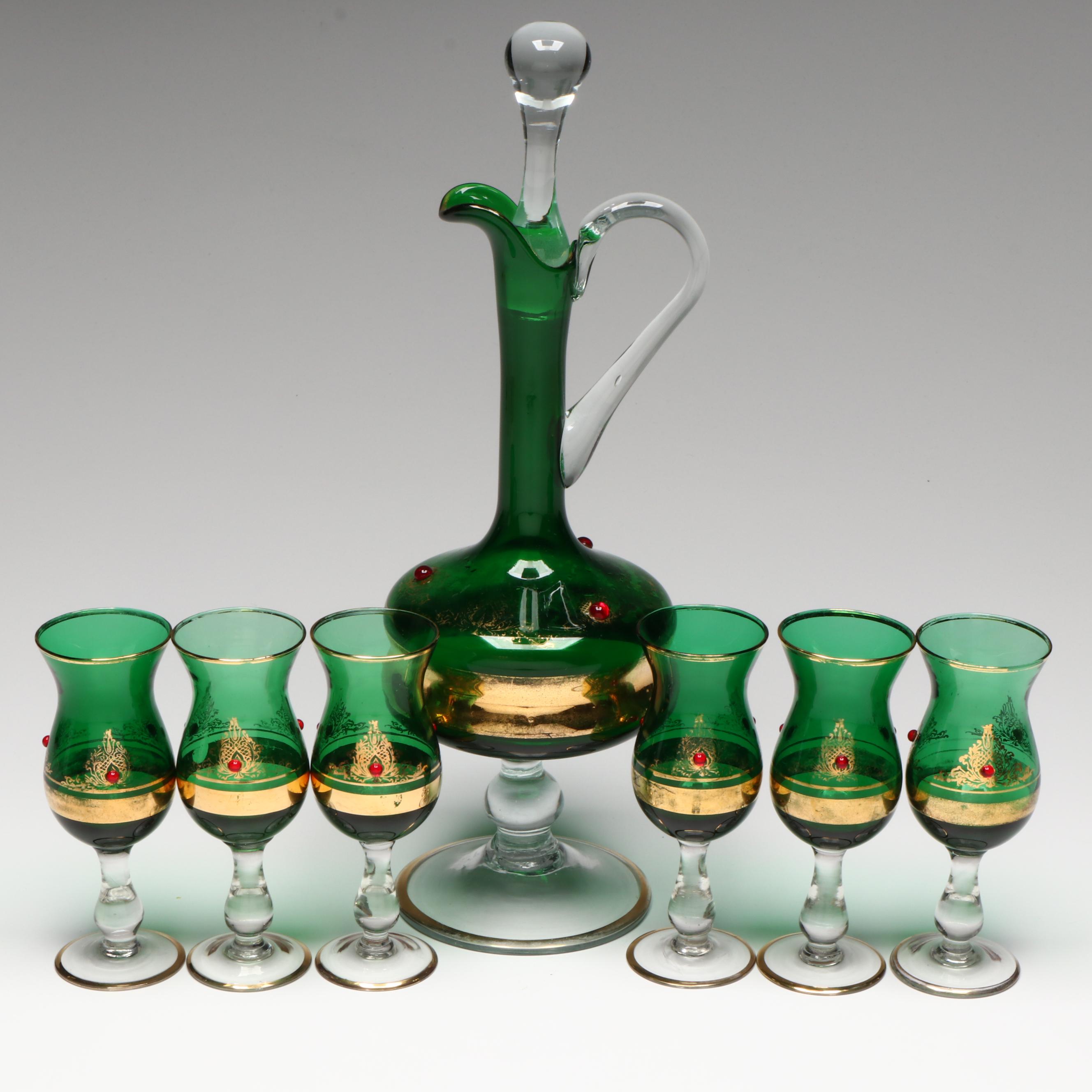 Bohemian Style Gold Gilt Green Glass with Red Gems Decanter and Cordial Glasses