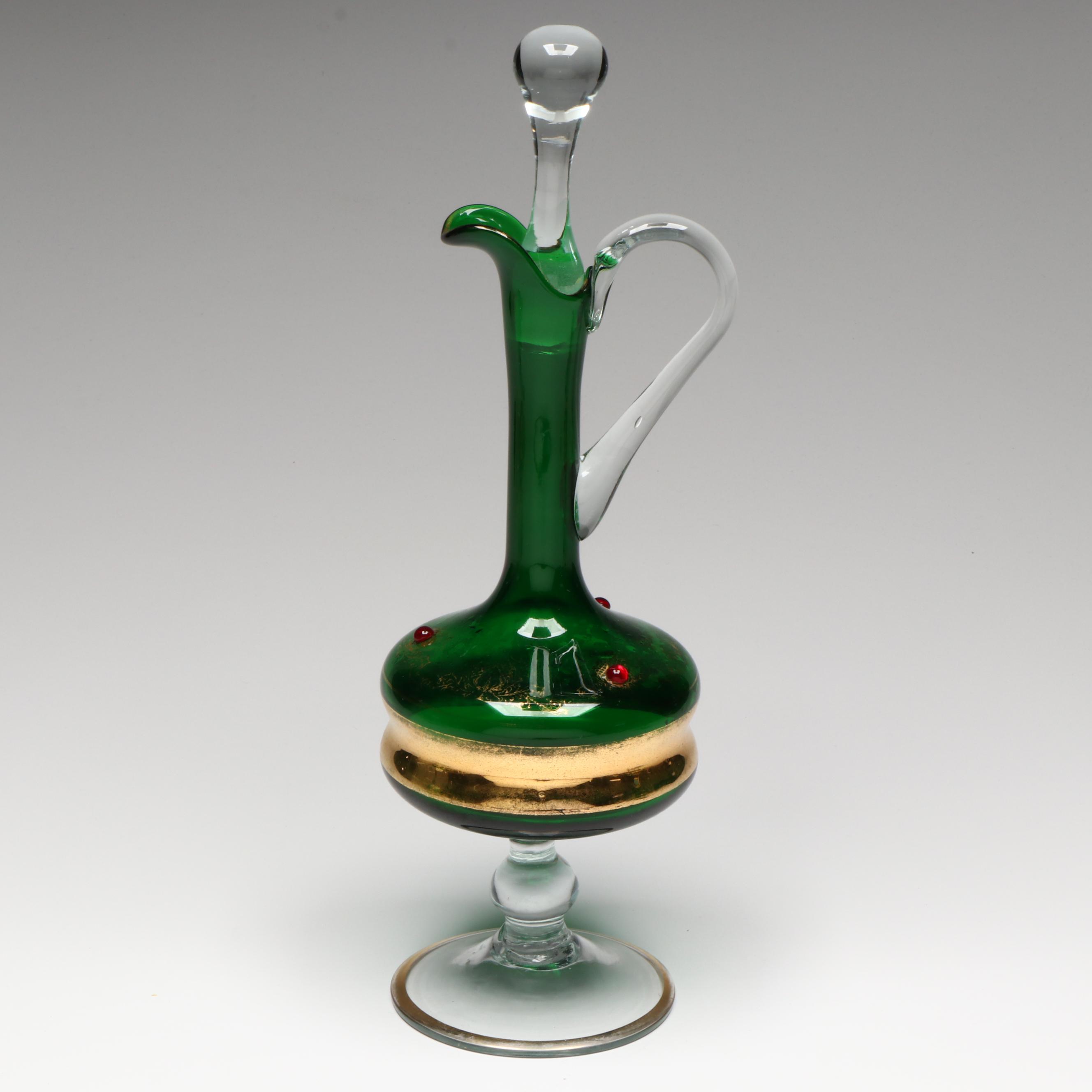 Bohemian Style Gold Gilt Green Glass with Red Gems Decanter and Cordial Glasses