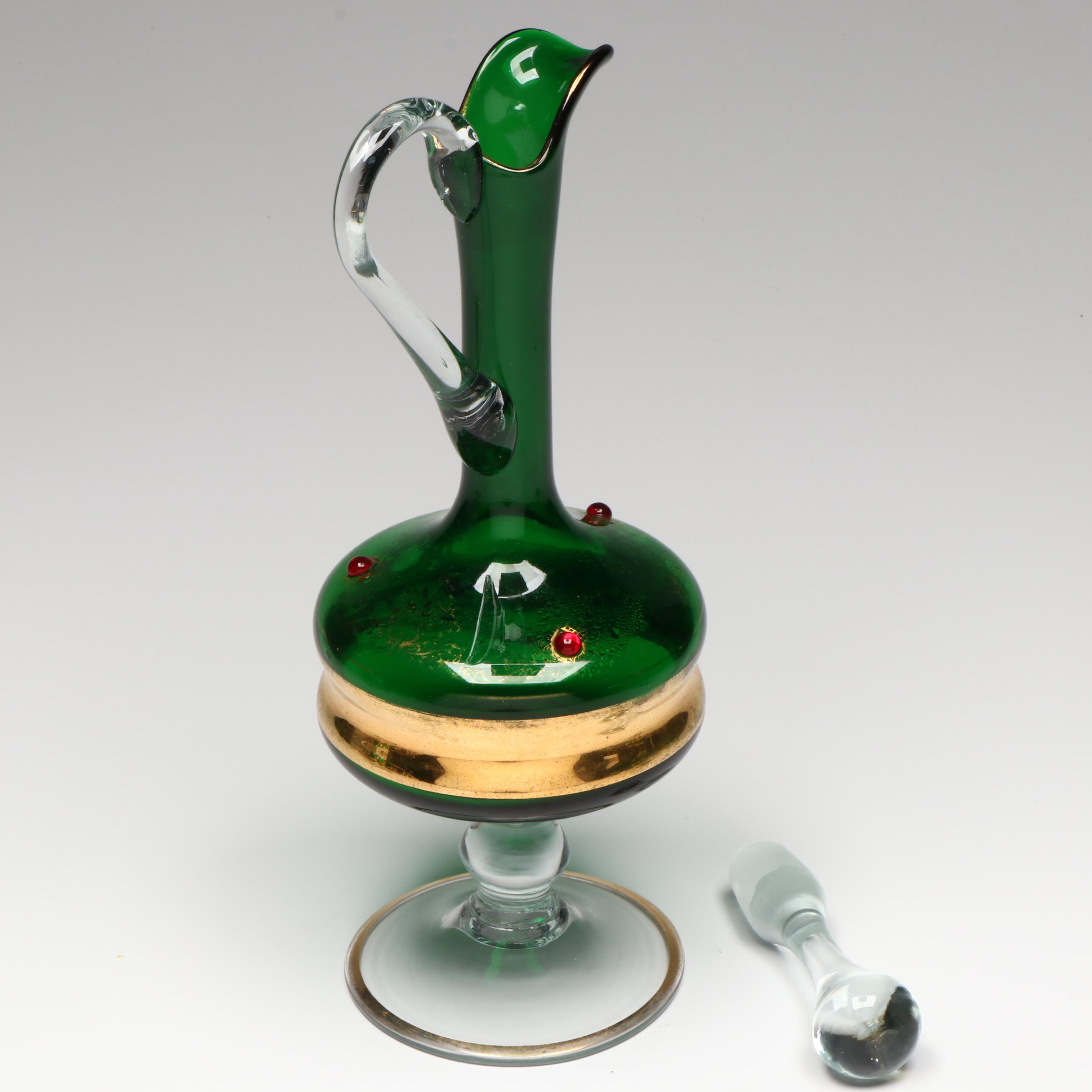 Bohemian Style Gold Gilt Green Glass with Red Gems Decanter and Cordial Glasses