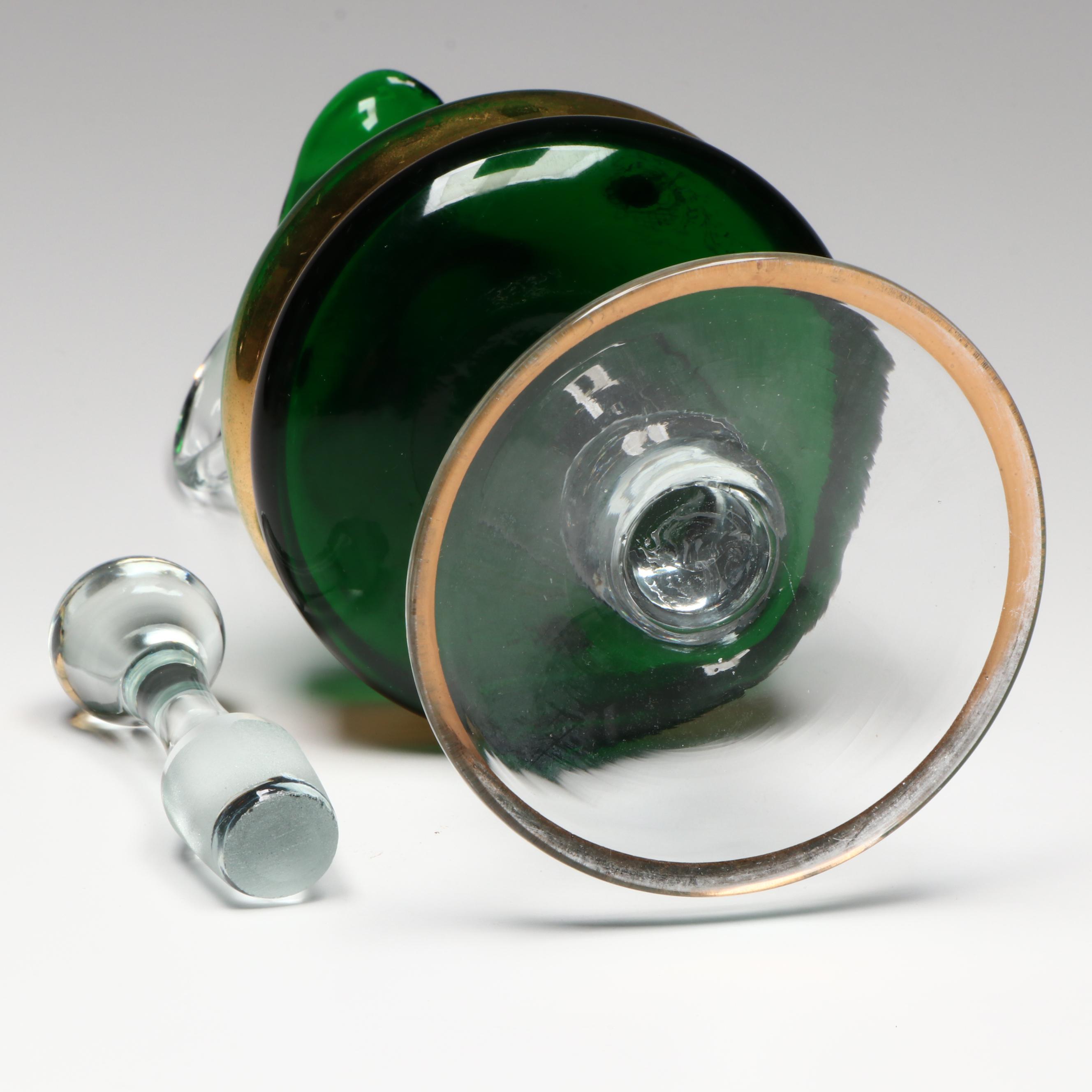 Bohemian Style Gold Gilt Green Glass with Red Gems Decanter and Cordial Glasses