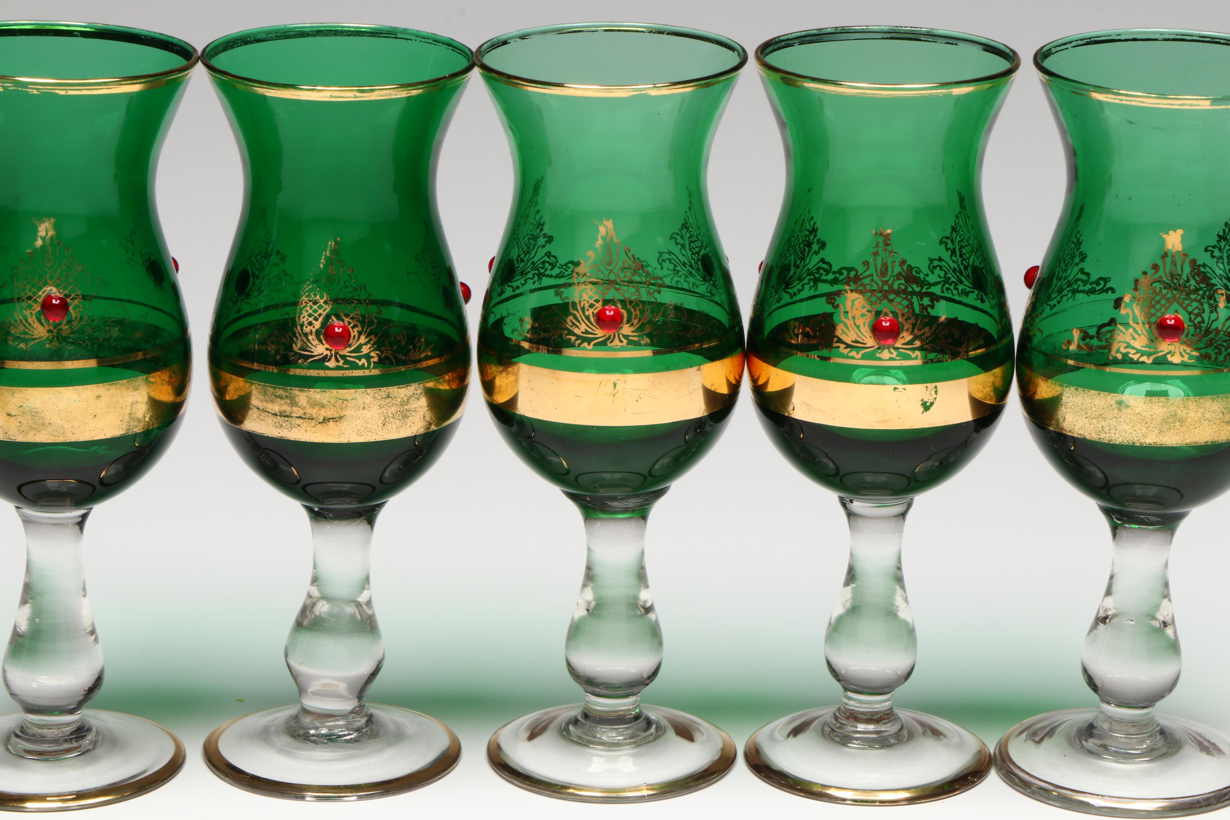 Bohemian Style Gold Gilt Green Glass with Red Gems Decanter and Cordial Glasses