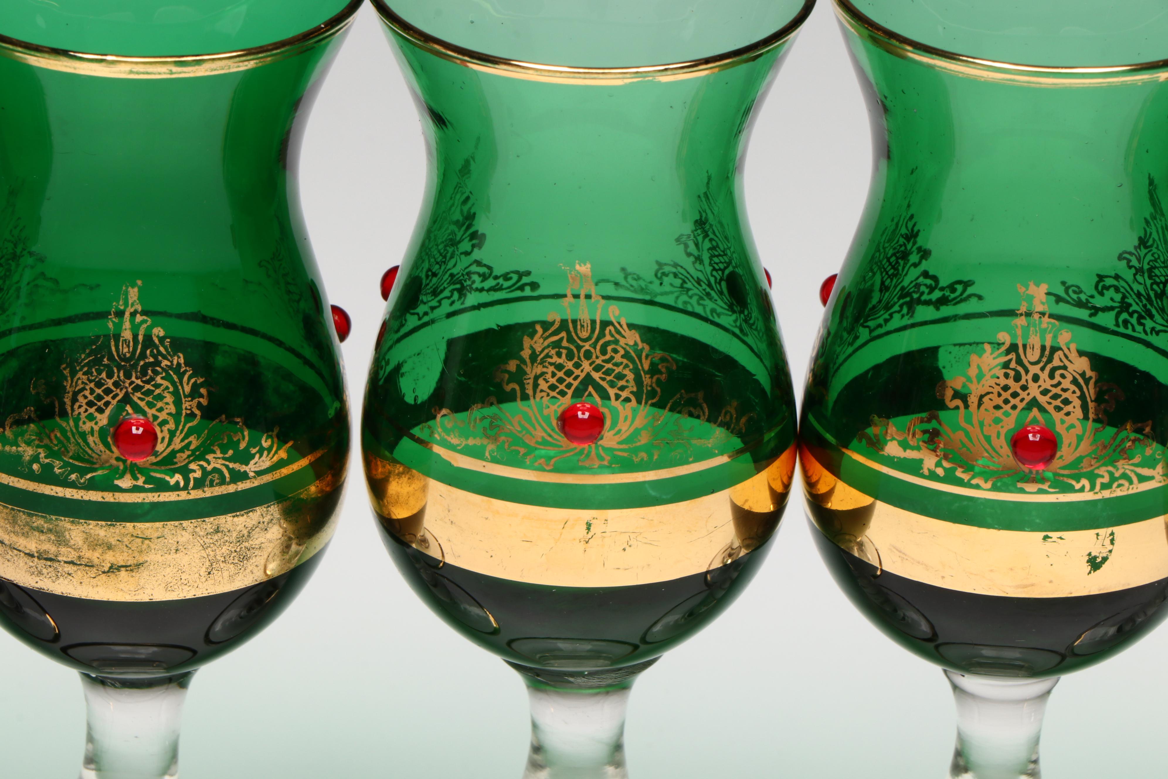 Bohemian Style Gold Gilt Green Glass with Red Gems Decanter and Cordial Glasses