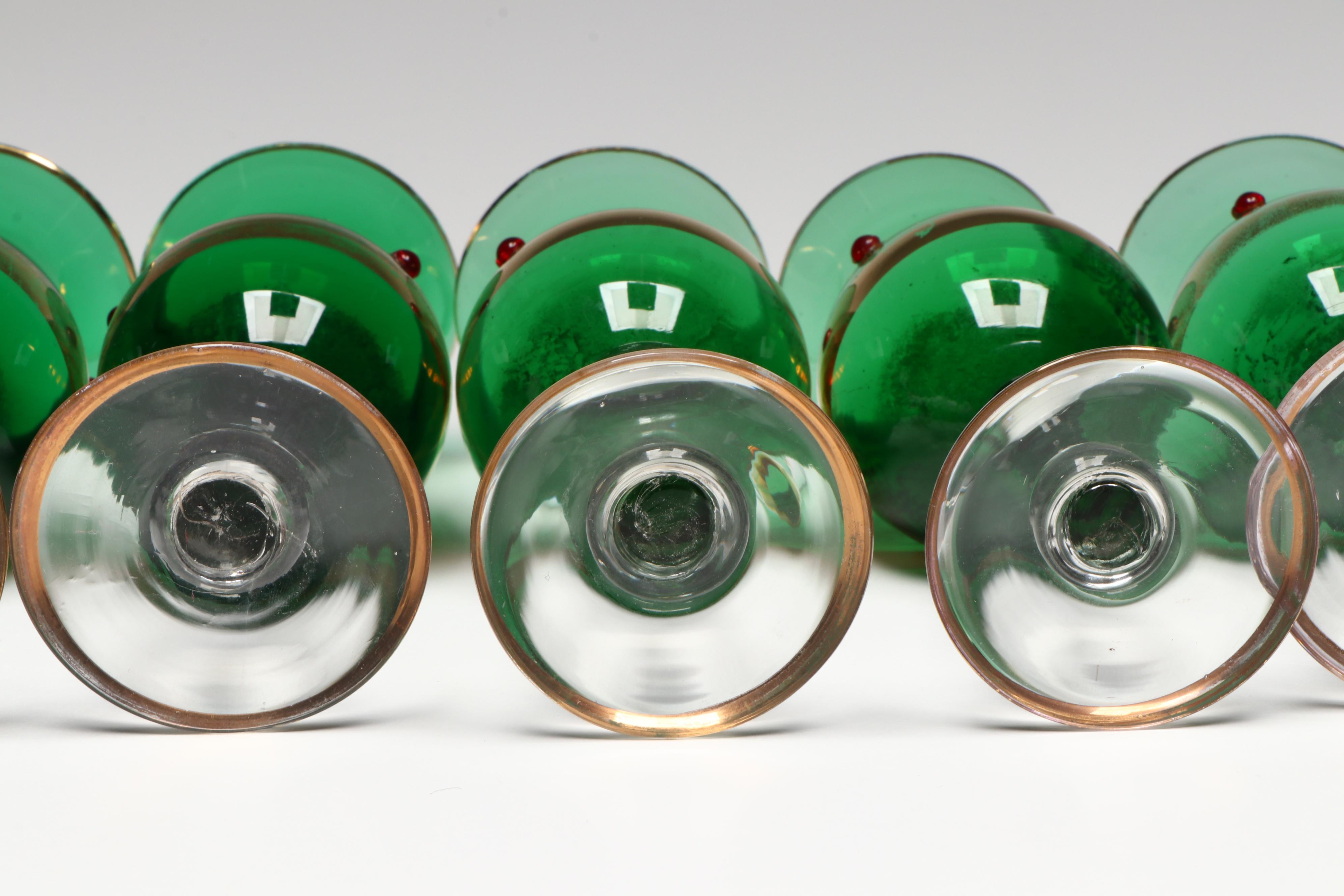 Bohemian Style Gold Gilt Green Glass with Red Gems Decanter and Cordial Glasses