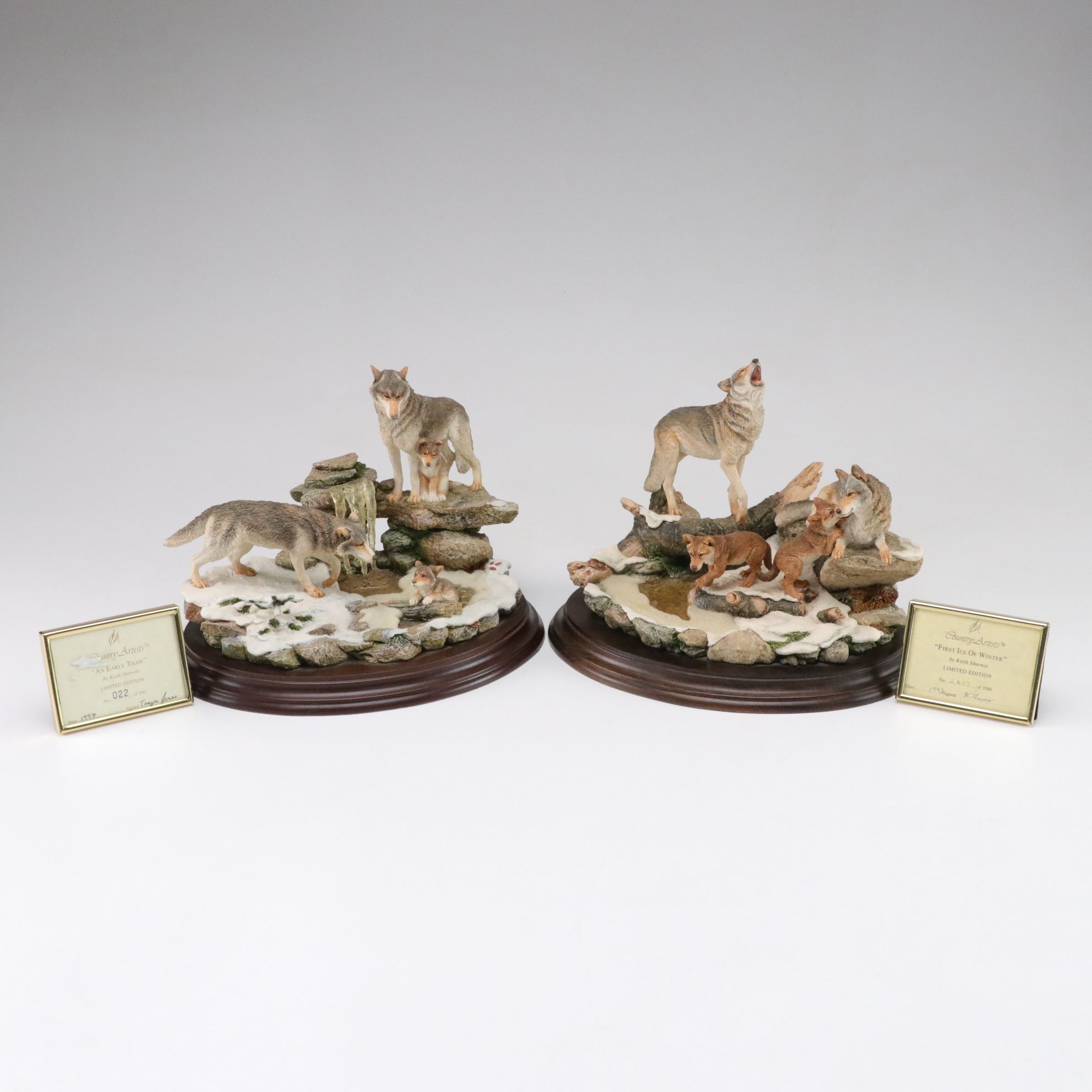 Country Artists Hand Painted Cast Resin Figurines of Wolves, Late 20th Century