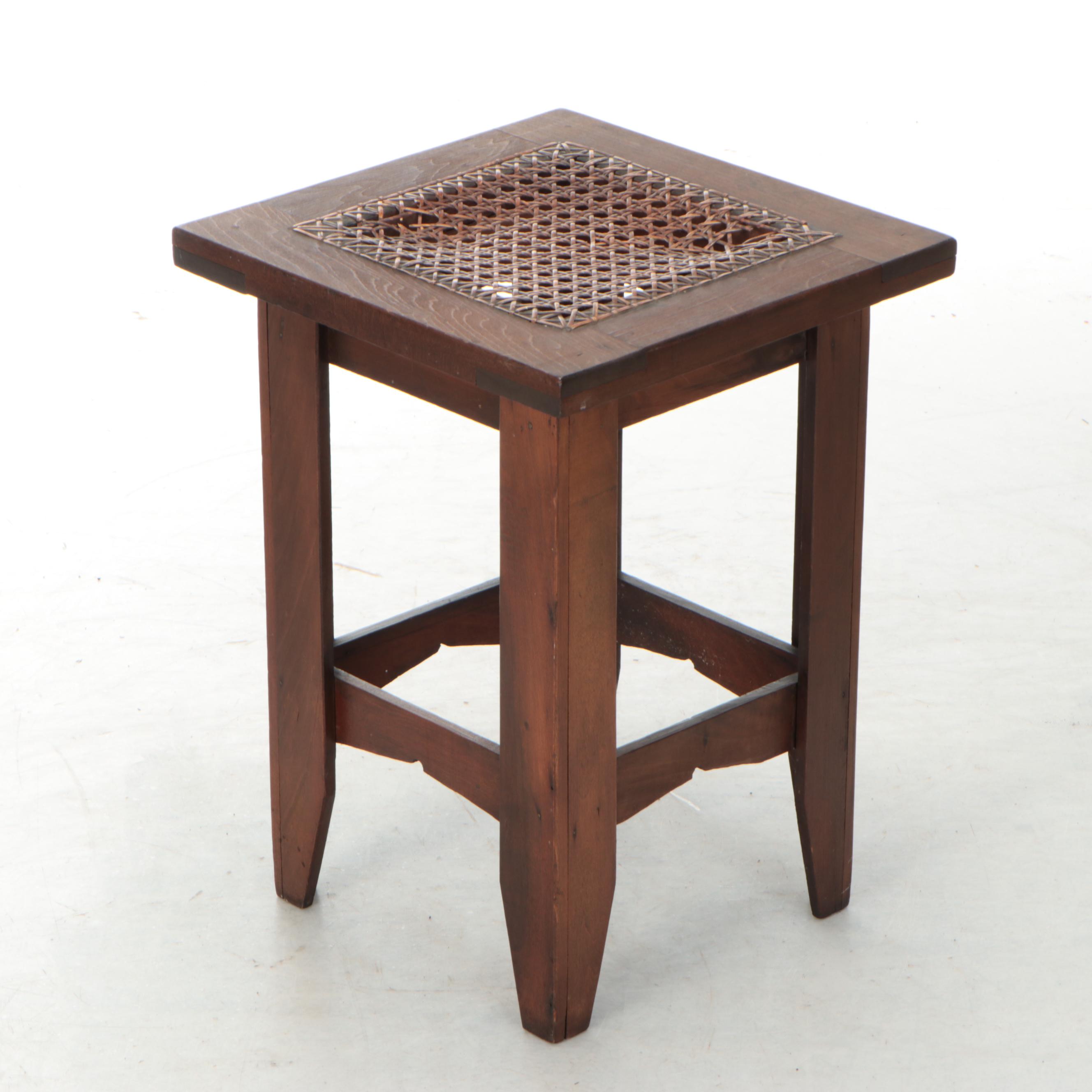 Painted Press-Back Side Chair and Walnut Stool with Woven Cane Seats