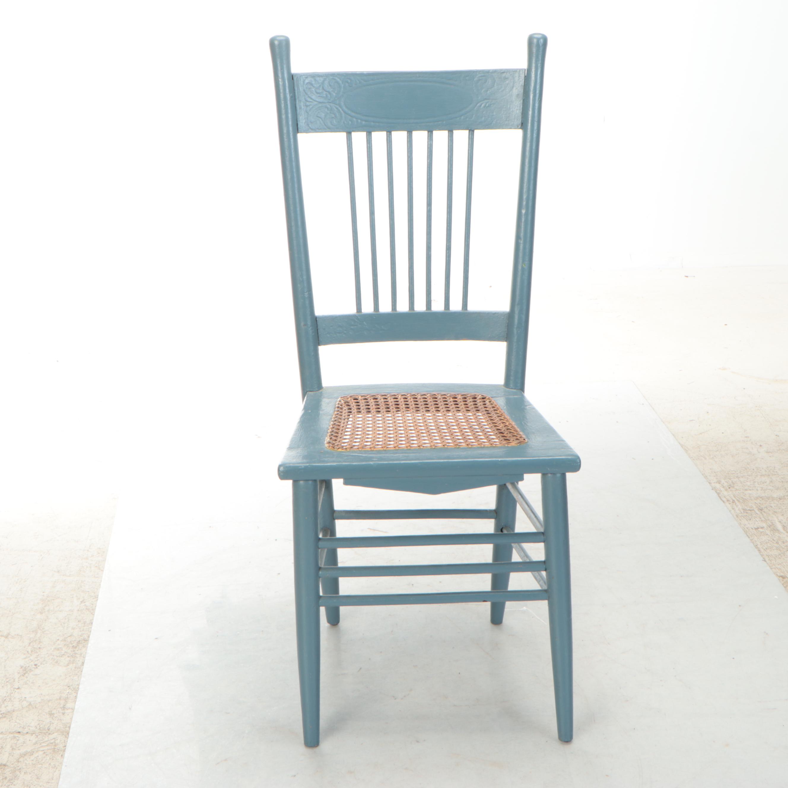Painted Press-Back Side Chair and Walnut Stool with Woven Cane Seats