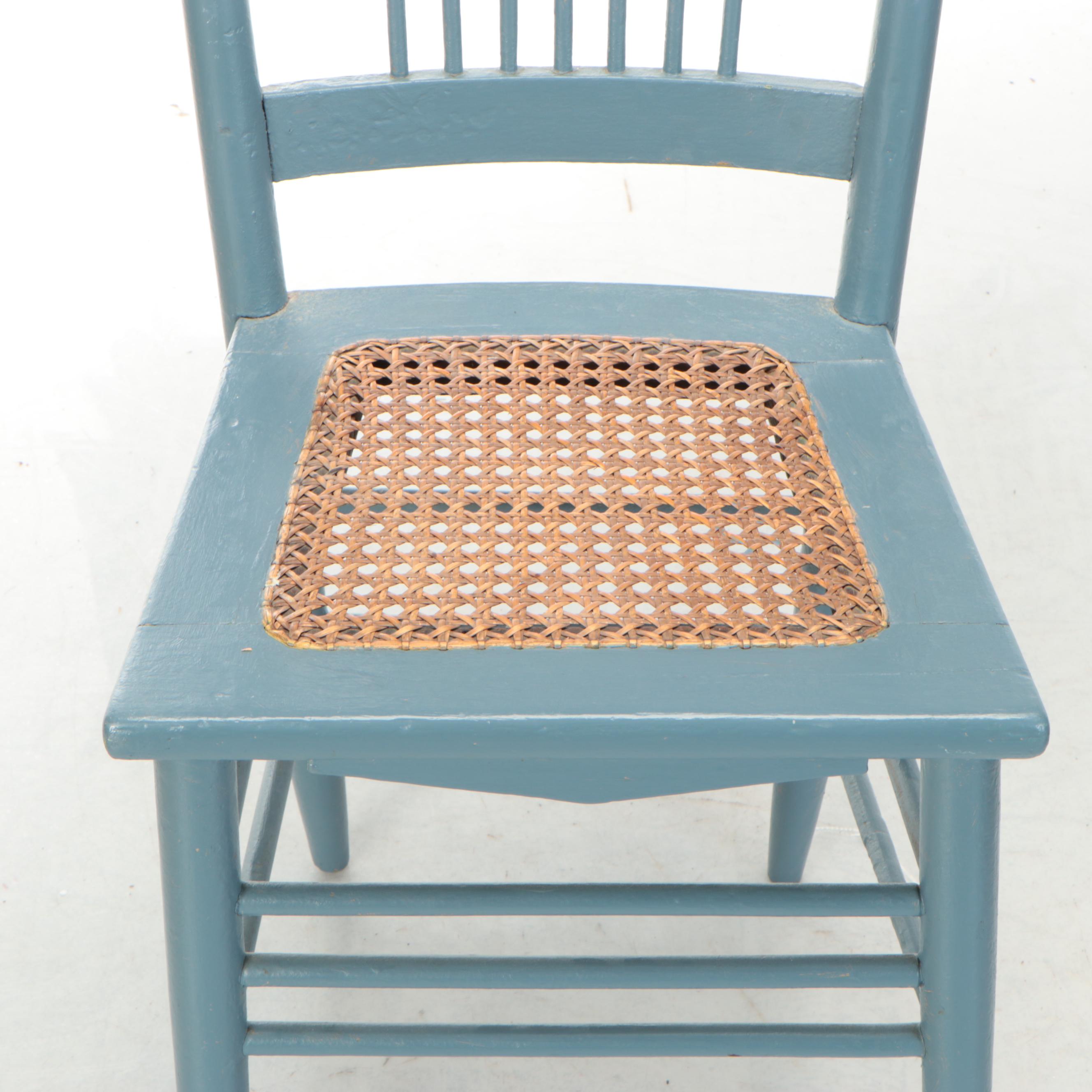 Painted Press-Back Side Chair and Walnut Stool with Woven Cane Seats