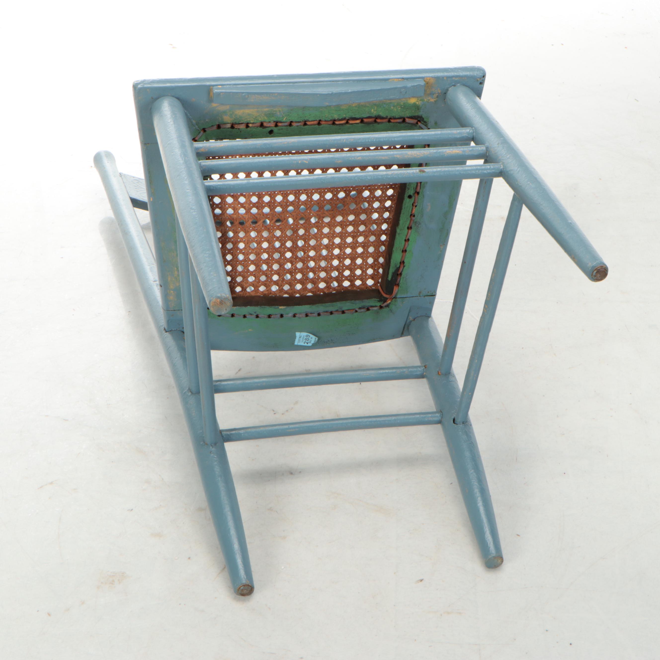 Painted Press-Back Side Chair and Walnut Stool with Woven Cane Seats