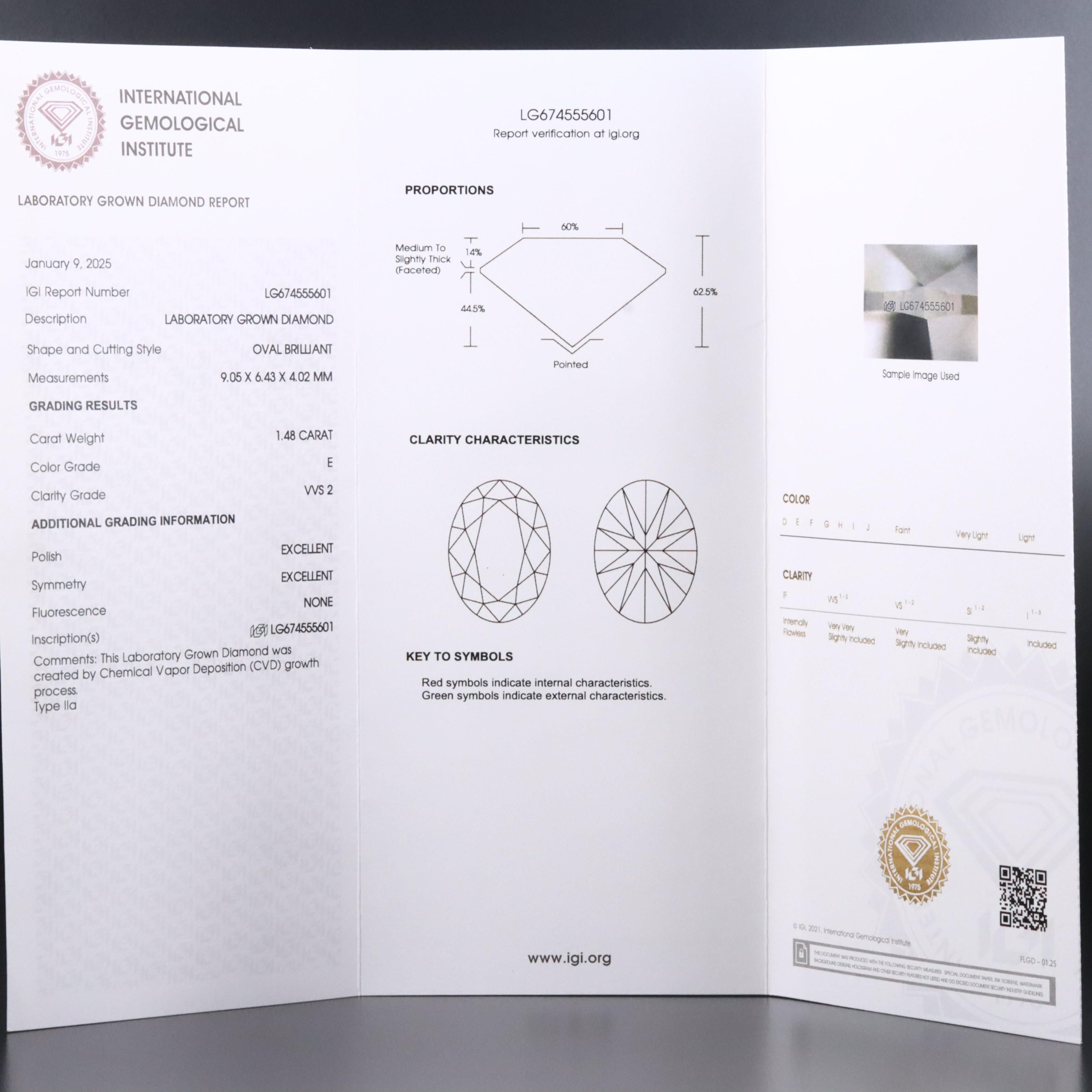 Loose 1.48 CT Lab Grown Diamond with IGI Report