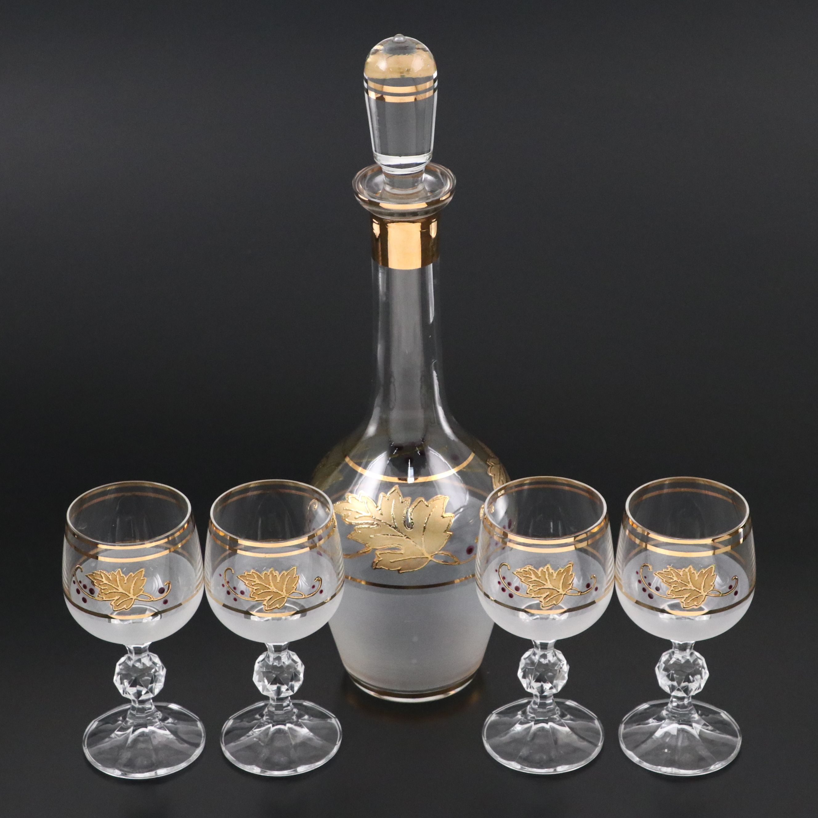 Bohemian Crystal Gold Gilt Leaf Glass Decanter and Wine Glasses