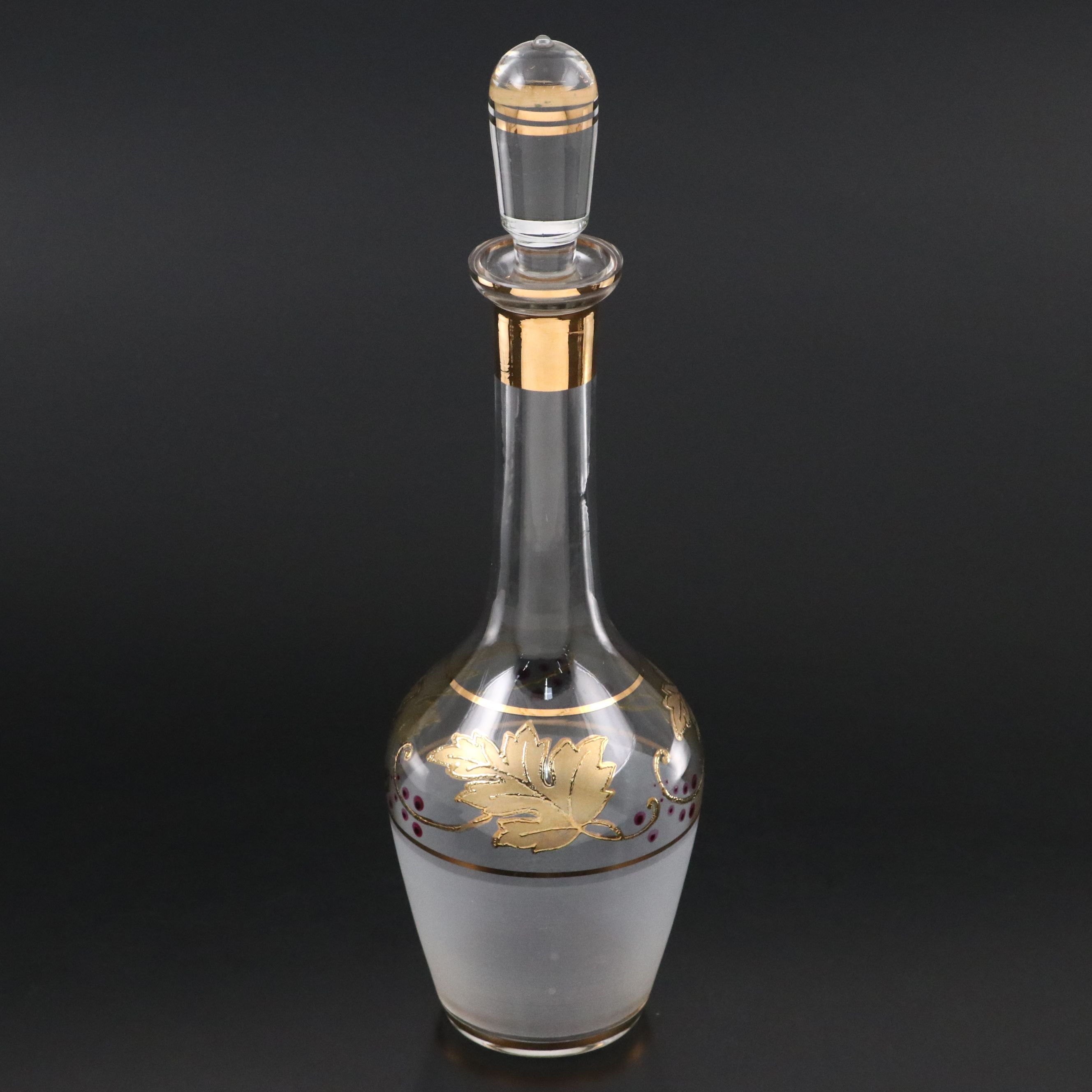 Bohemian Crystal Gold Gilt Leaf Glass Decanter and Wine Glasses