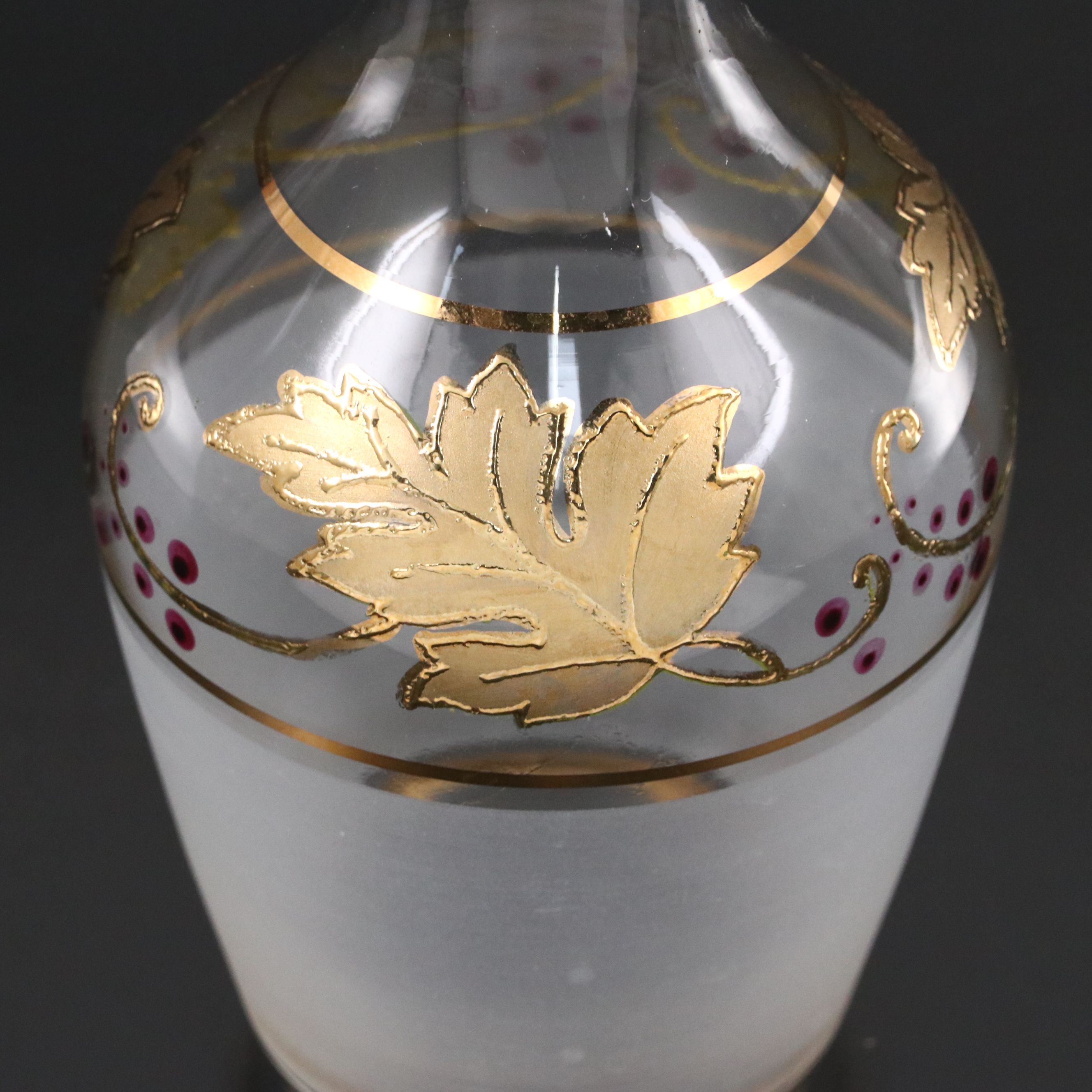 Bohemian Crystal Gold Gilt Leaf Glass Decanter and Wine Glasses