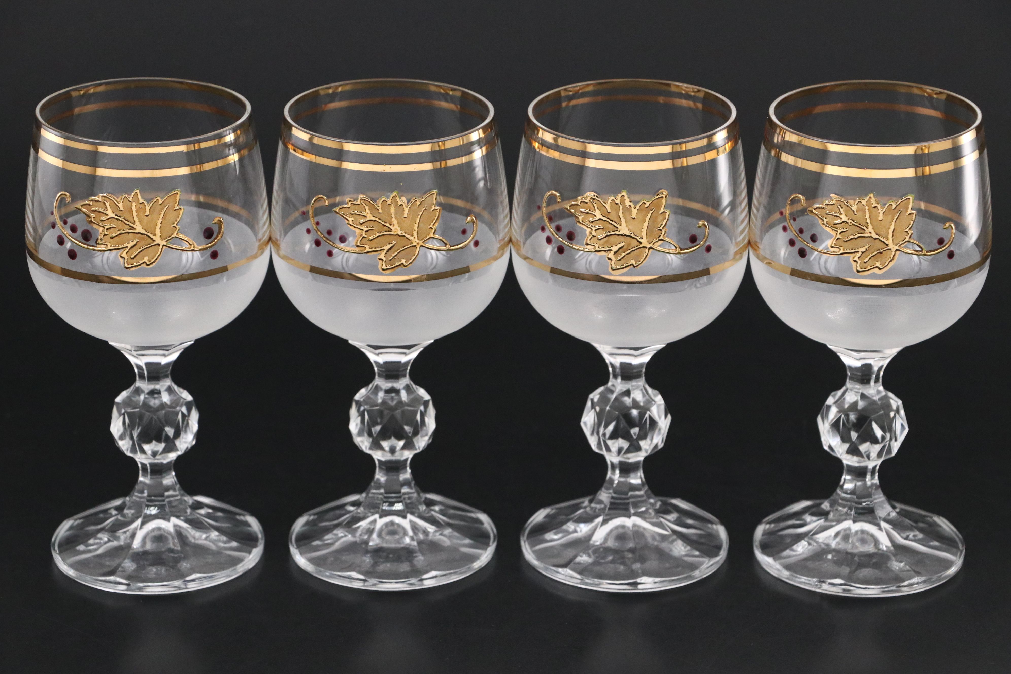 Bohemian Crystal Gold Gilt Leaf Glass Decanter and Wine Glasses