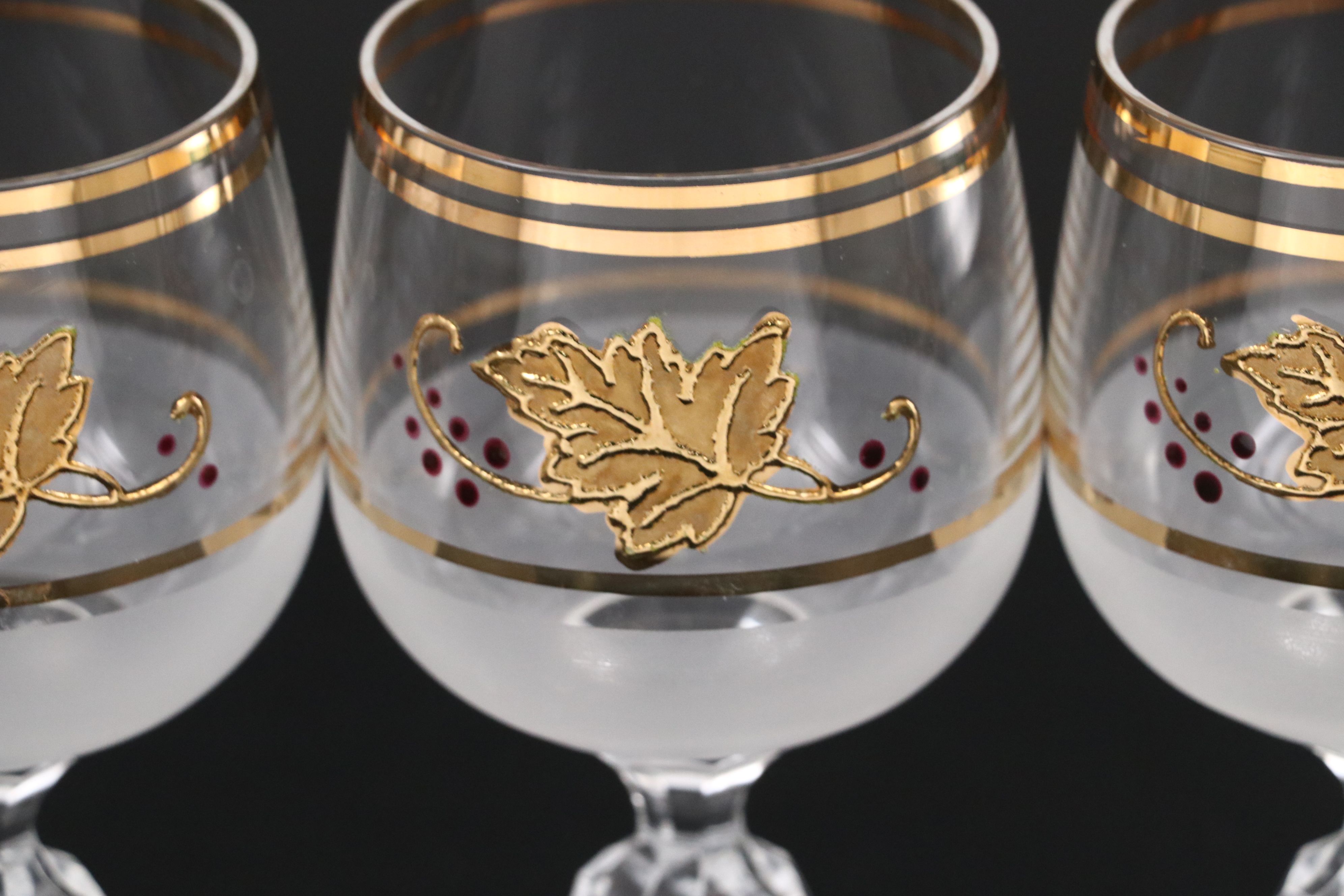 Bohemian Crystal Gold Gilt Leaf Glass Decanter and Wine Glasses