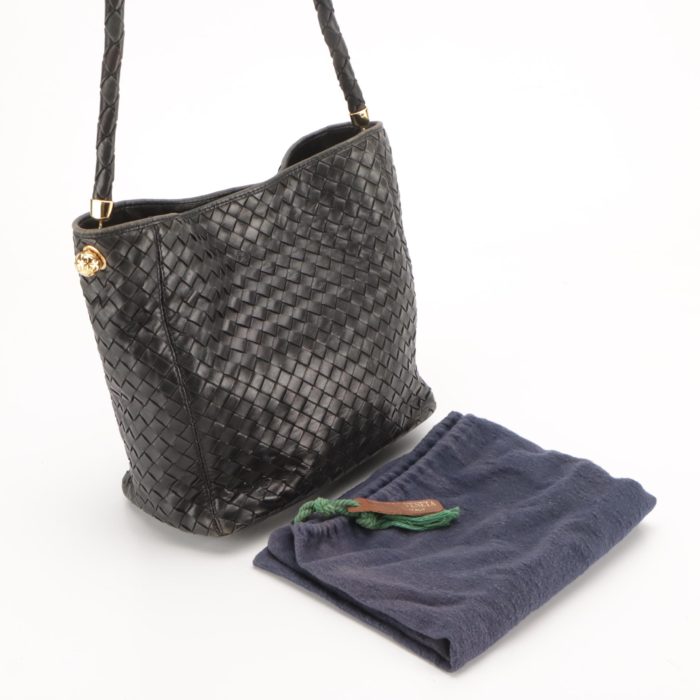Bottega Veneta Intrecciato Black Lambskin Leather Shoulder Bag