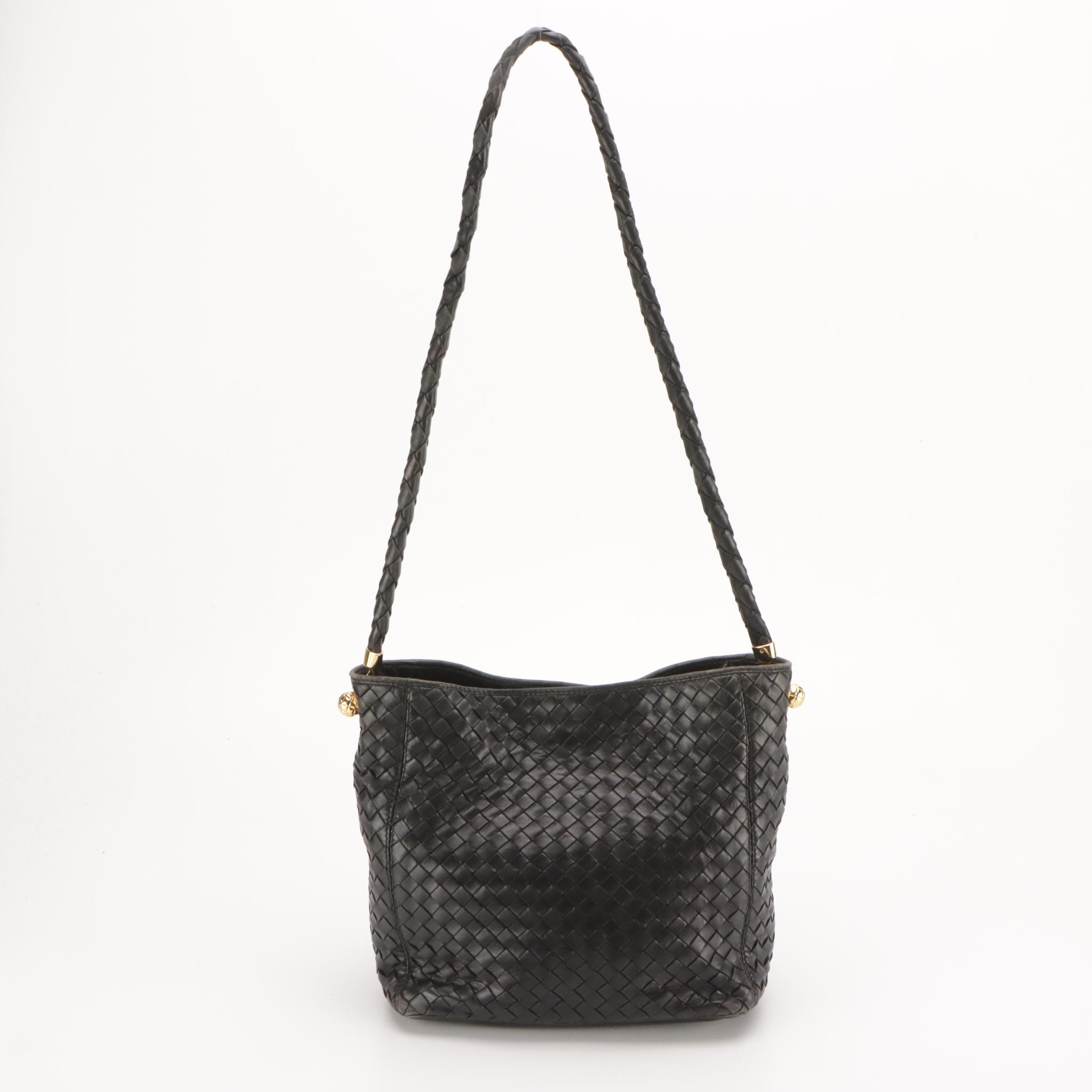 Bottega Veneta Intrecciato Black Lambskin Leather Shoulder Bag