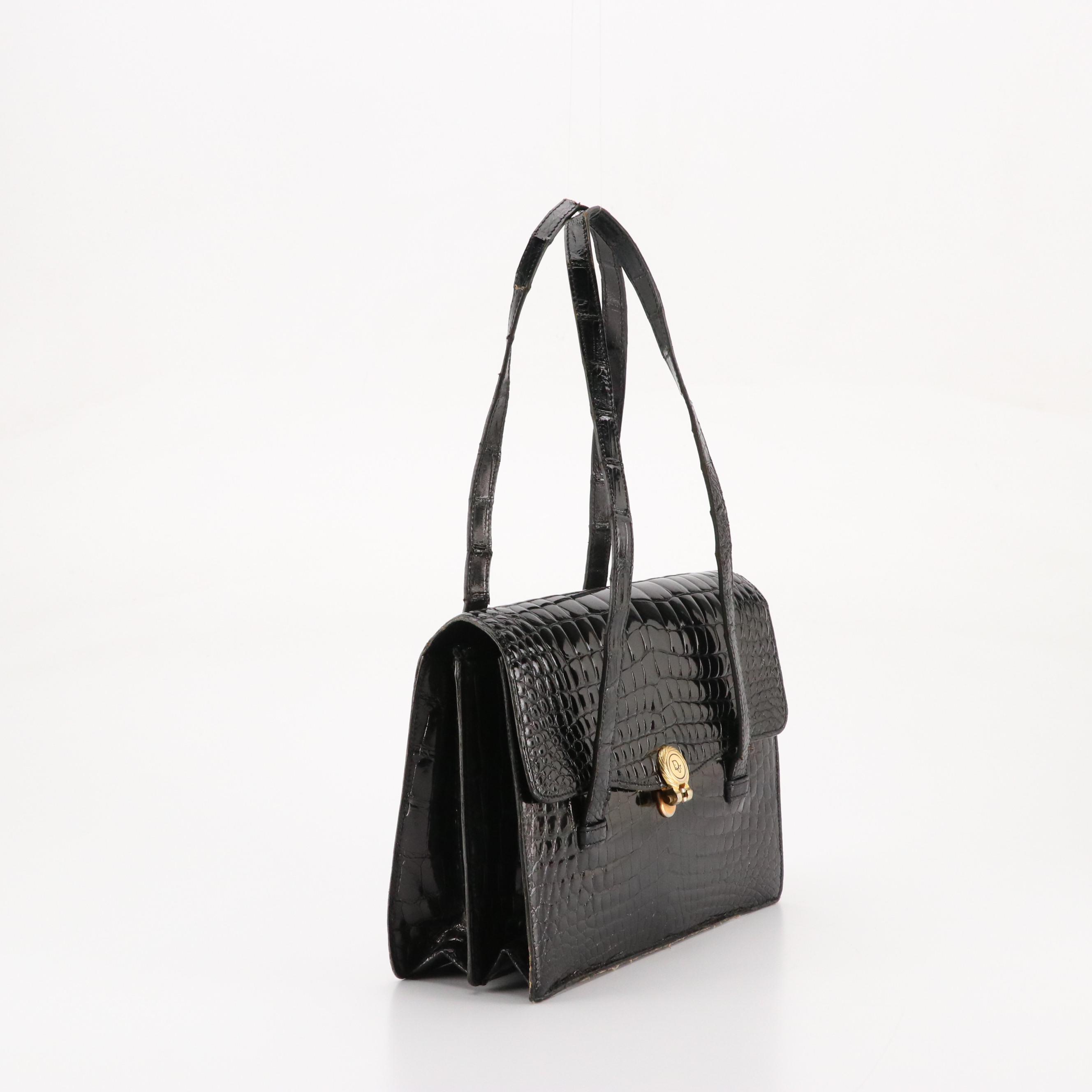 Christian Dior Black Croc-Embossed Patent Leather Front-Flap Bag