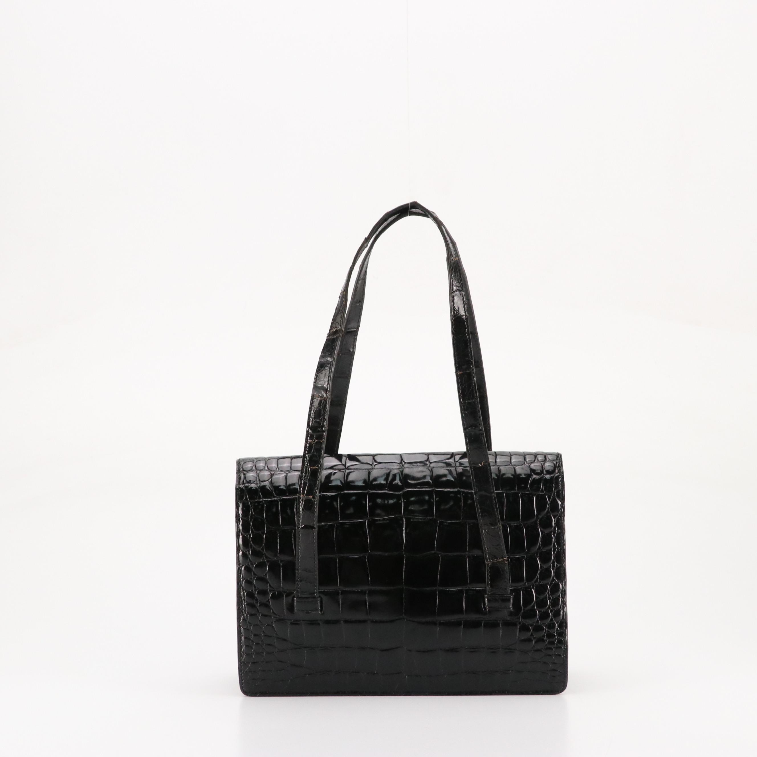 Christian Dior Black Croc-Embossed Patent Leather Front-Flap Bag