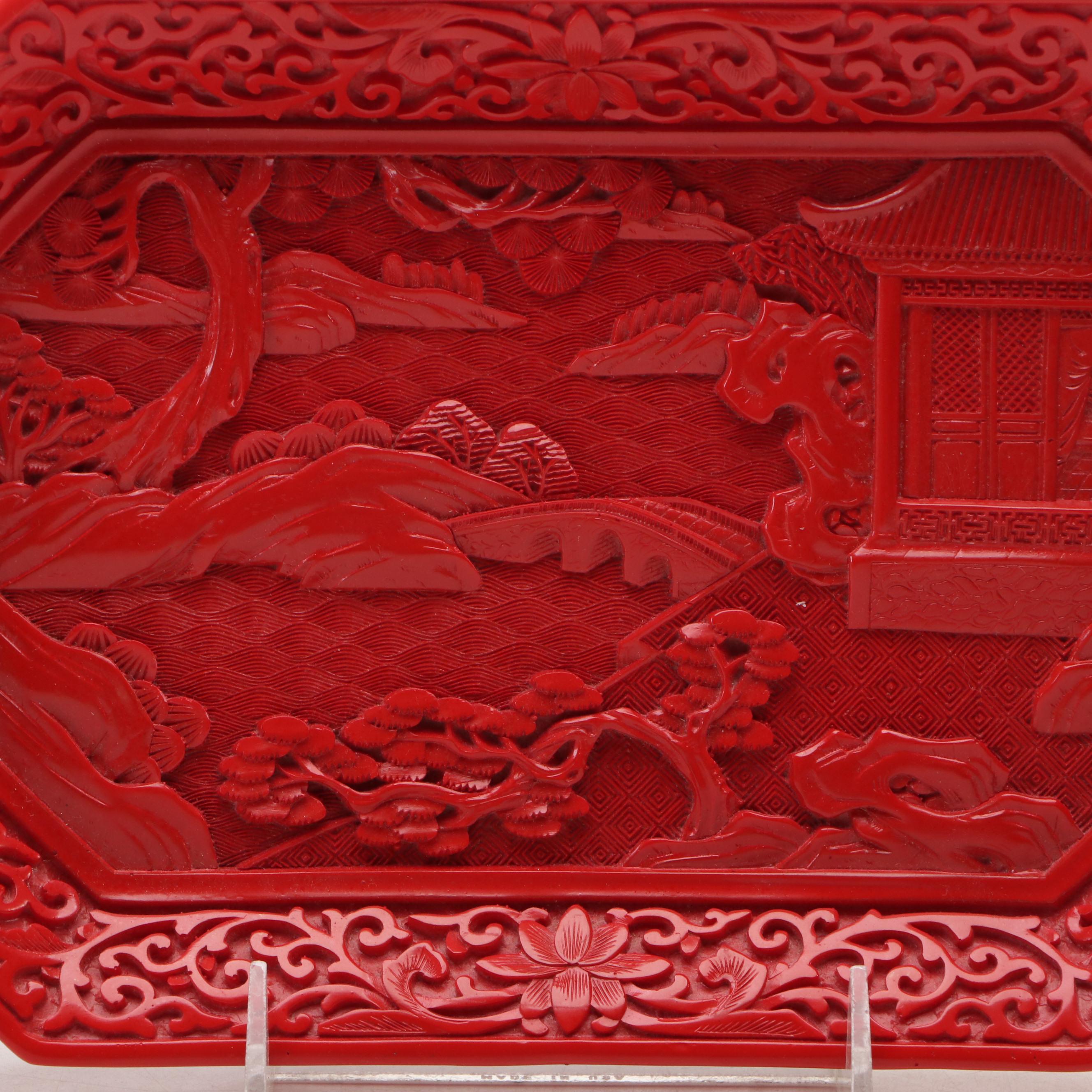 Chinese Resin Decorative Plate and Gourd Vase with Brass Rim