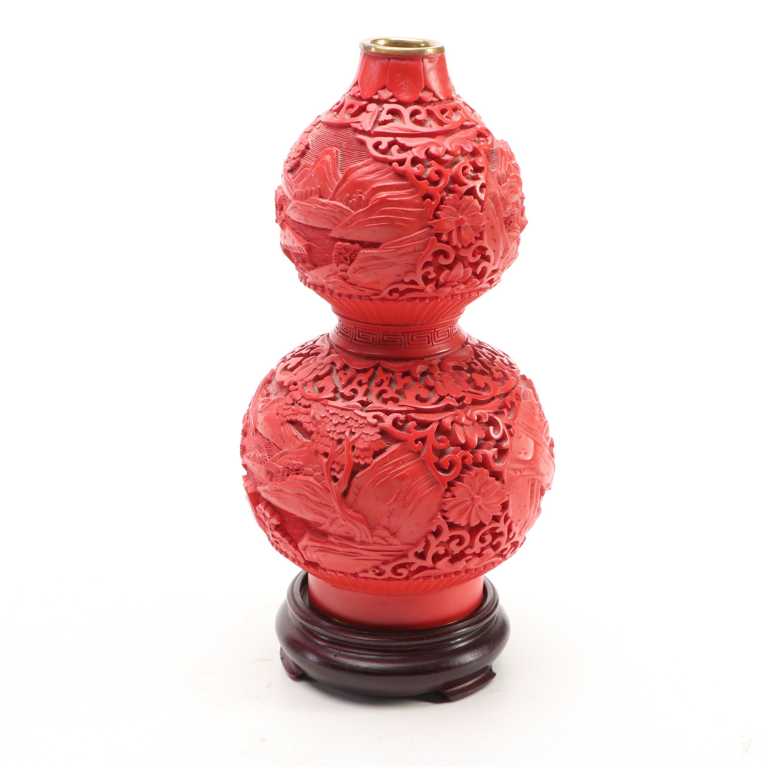 Chinese Resin Decorative Plate and Gourd Vase with Brass Rim