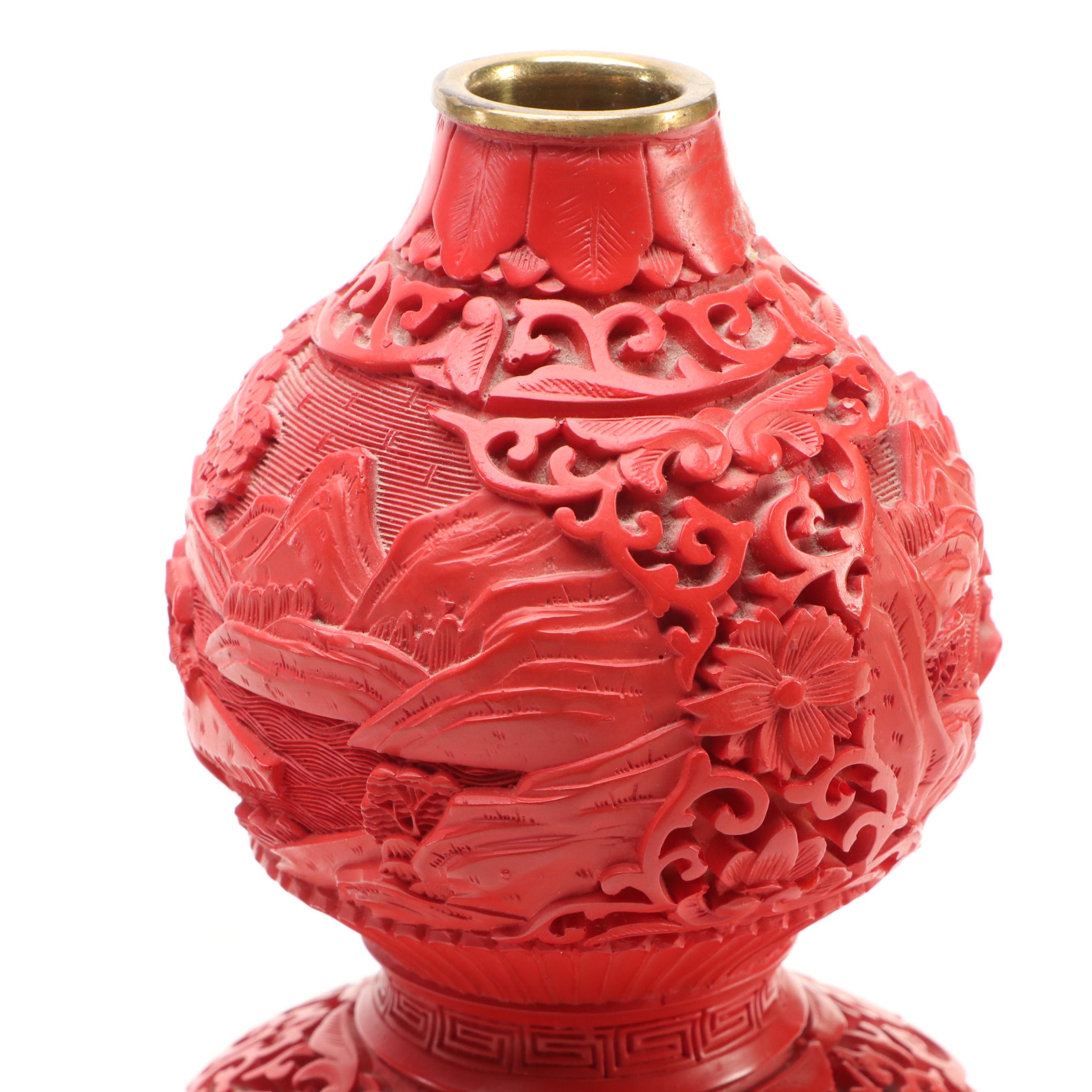 Chinese Resin Decorative Plate and Gourd Vase with Brass Rim