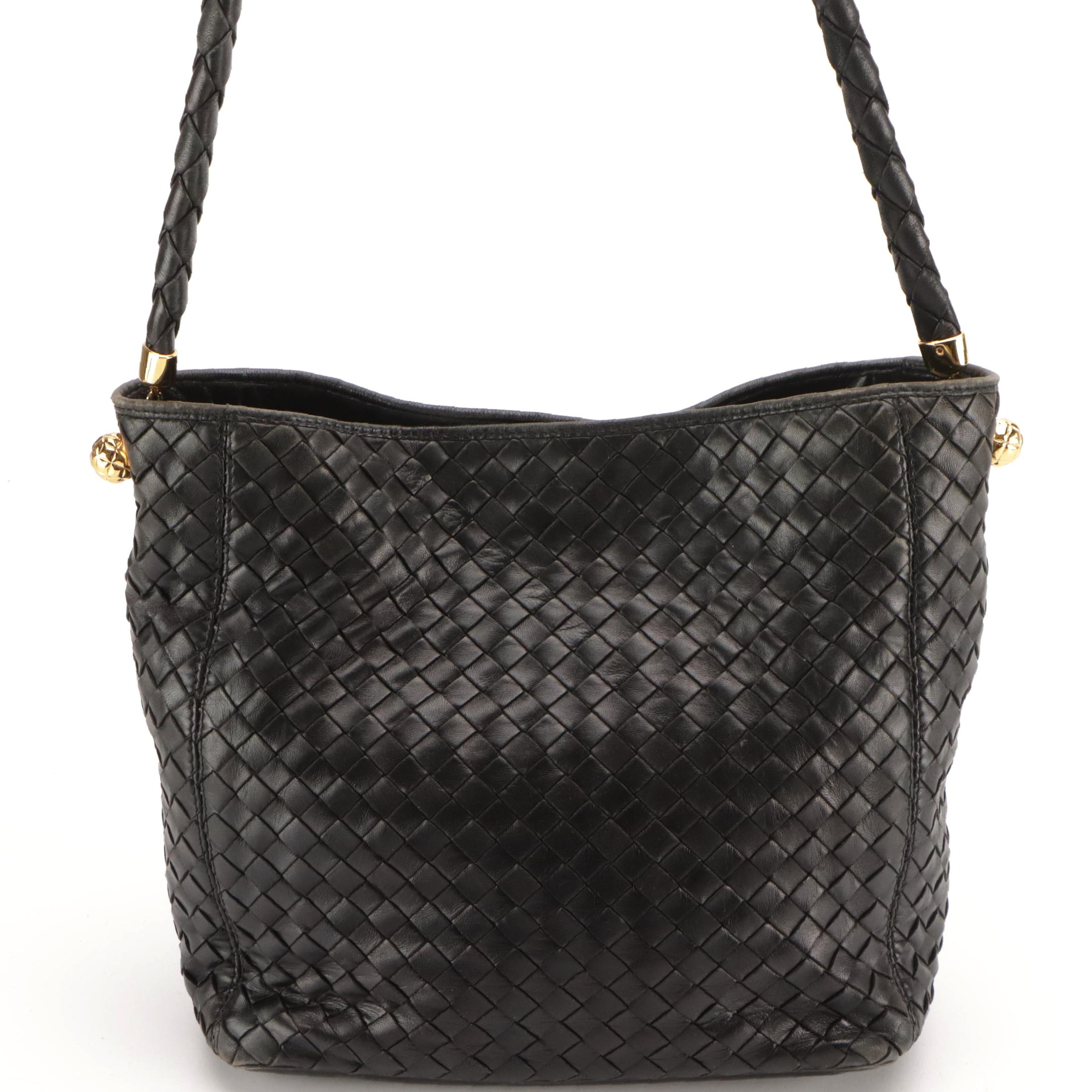 Bottega Veneta Intrecciato Black Lambskin Leather Shoulder Bag
