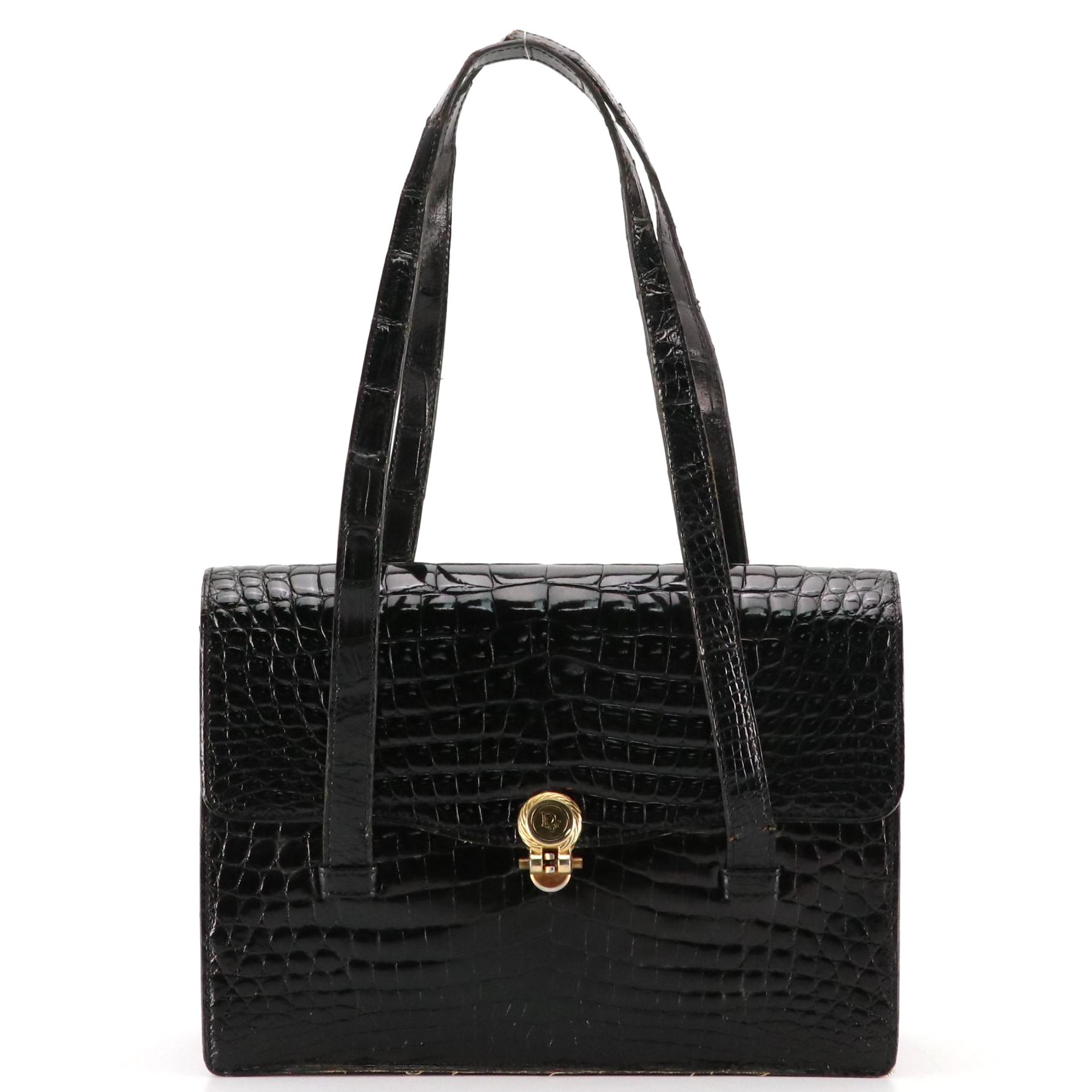 Christian Dior Black Croc-Embossed Patent Leather Front-Flap Bag