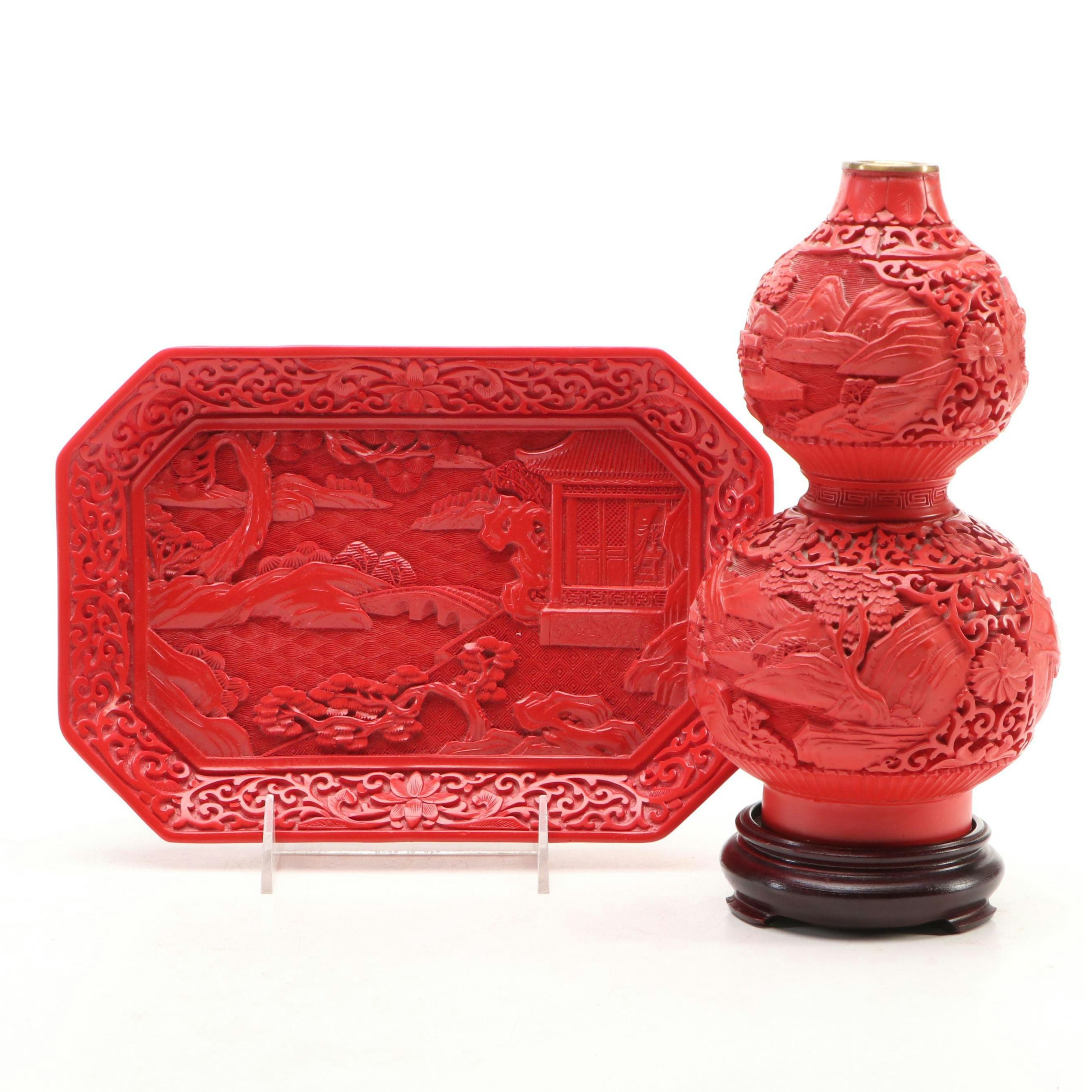 Chinese Resin Decorative Plate and Gourd Vase with Brass Rim