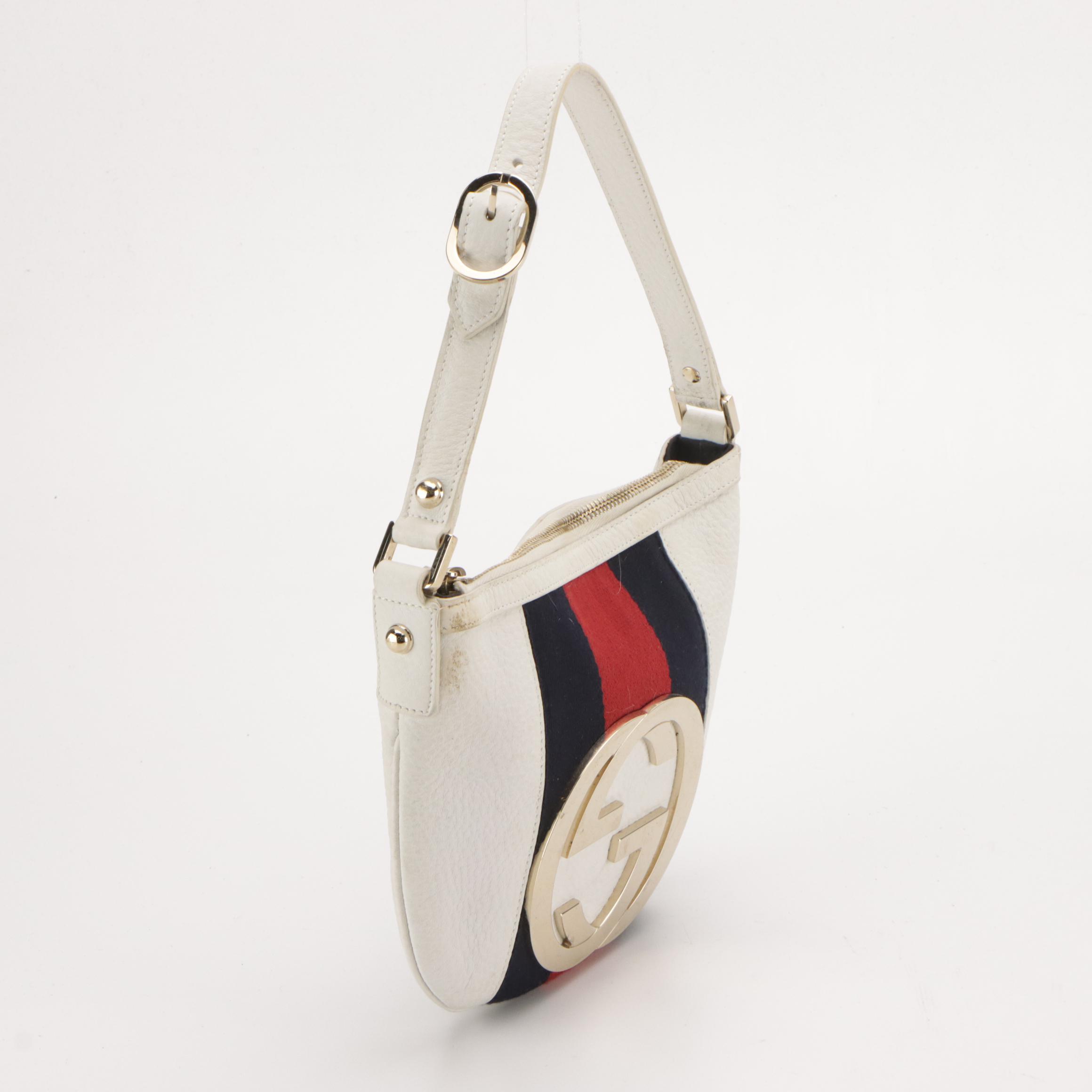 Gucci GG Web Stripe Blondie Shoulder Bag in White Grained Leather