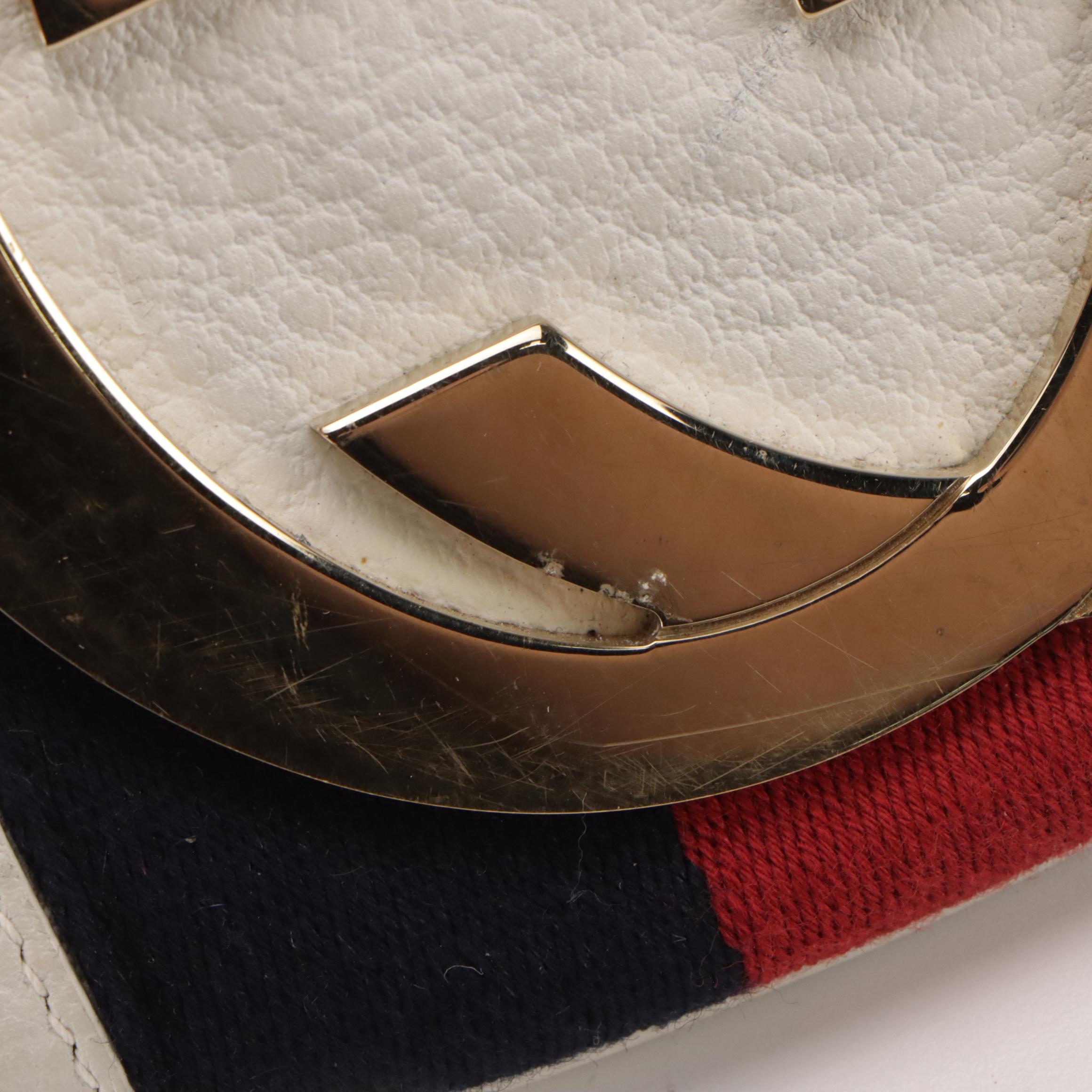 Gucci GG Web Stripe Blondie Shoulder Bag in White Grained Leather