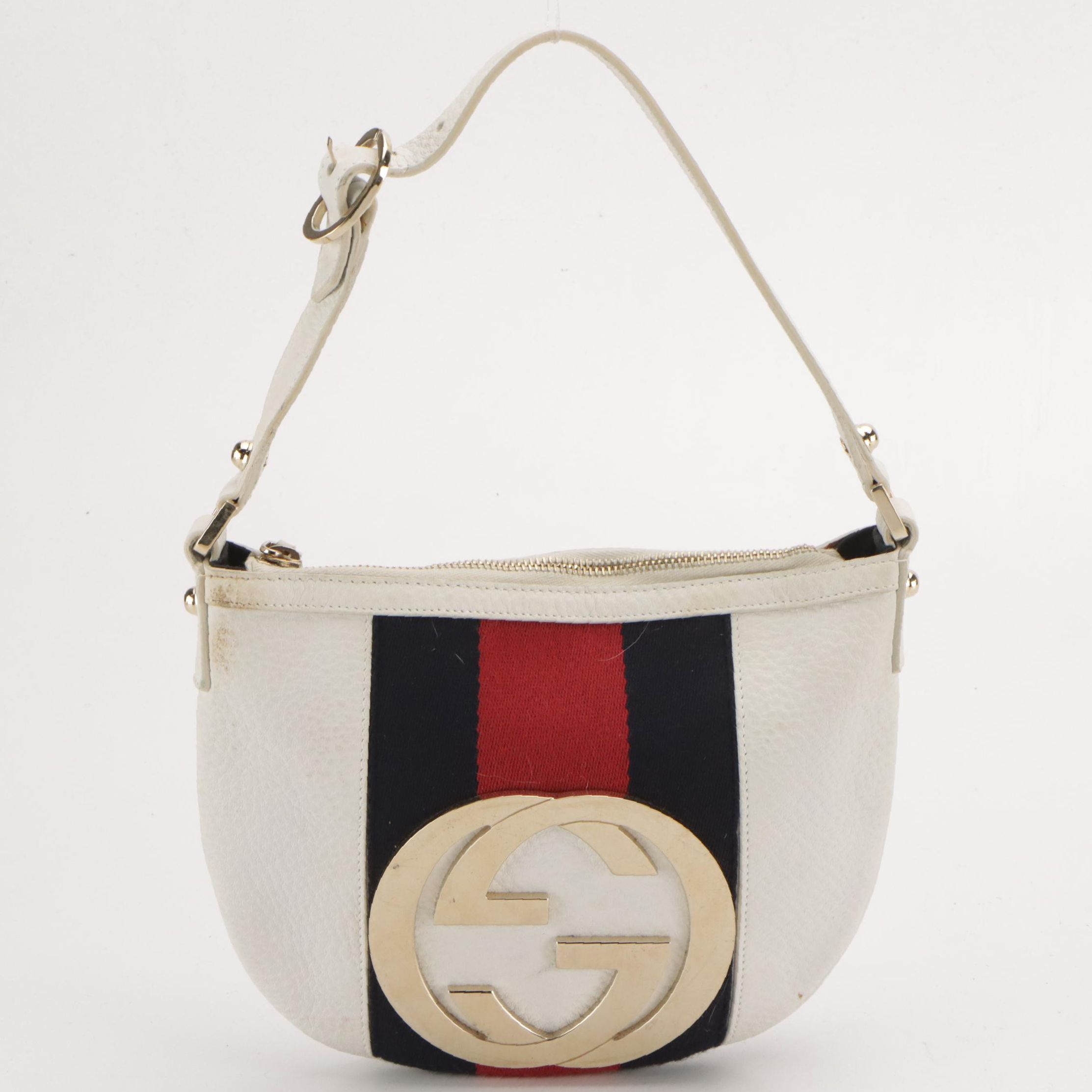 Gucci GG Web Stripe Blondie Shoulder Bag in White Grained Leather