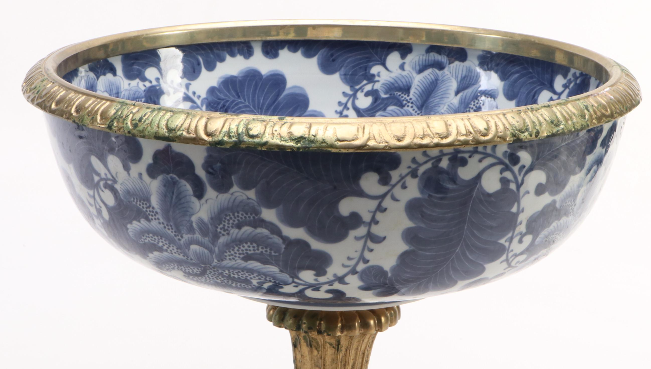 French Style Ormolu Mounted Blue and White Porcelain Footed Bowl