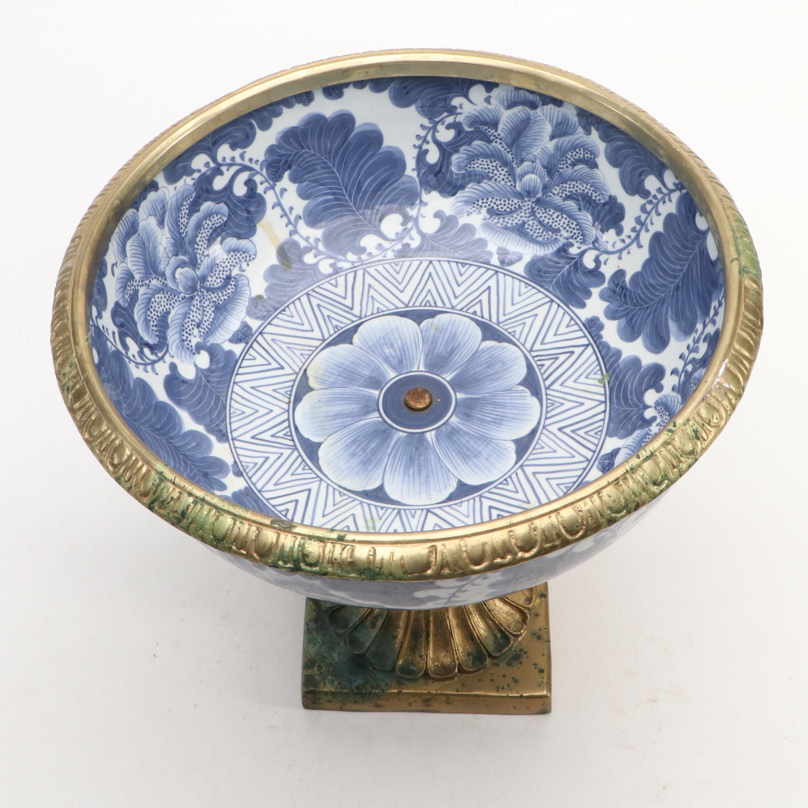 French Style Ormolu Mounted Blue and White Porcelain Footed Bowl