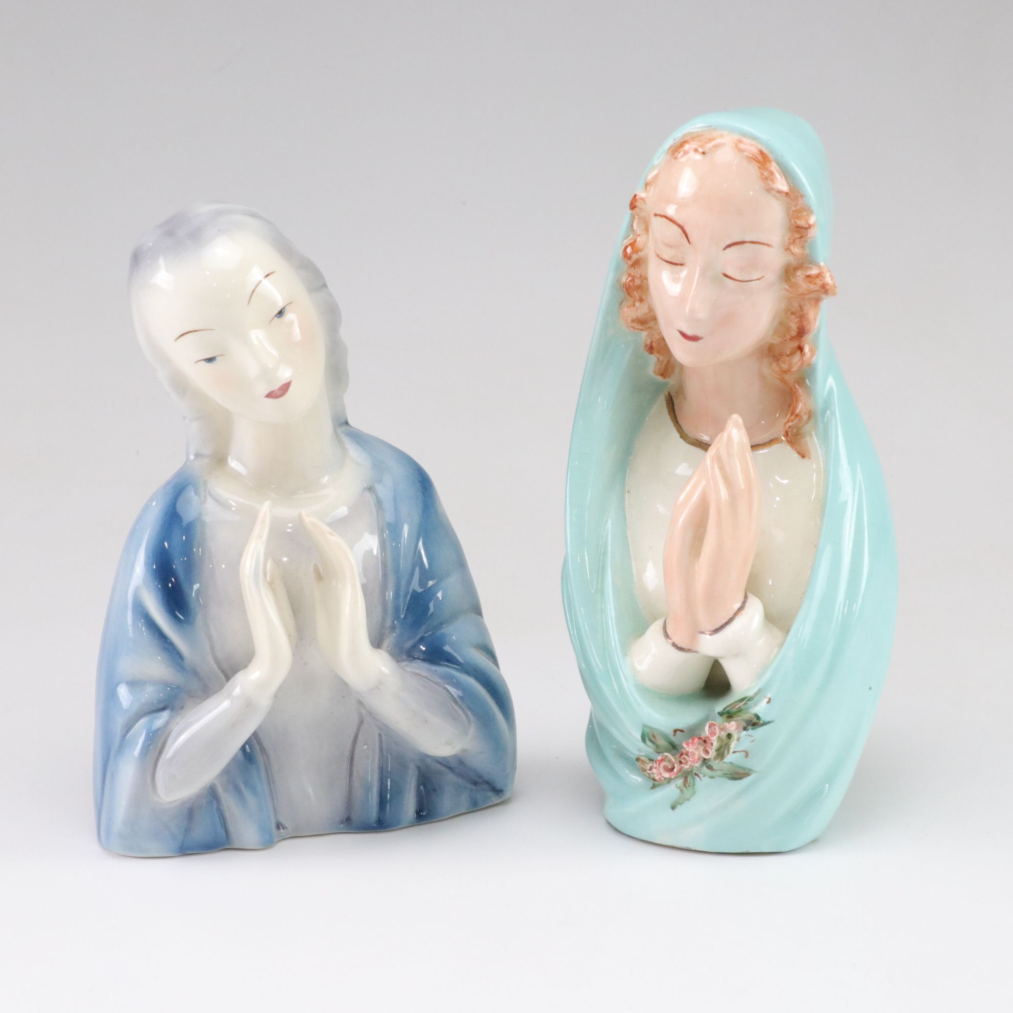 Goldscheider Hand-Painted "Madonna Praying" Porcelain and Chalkware Figurines