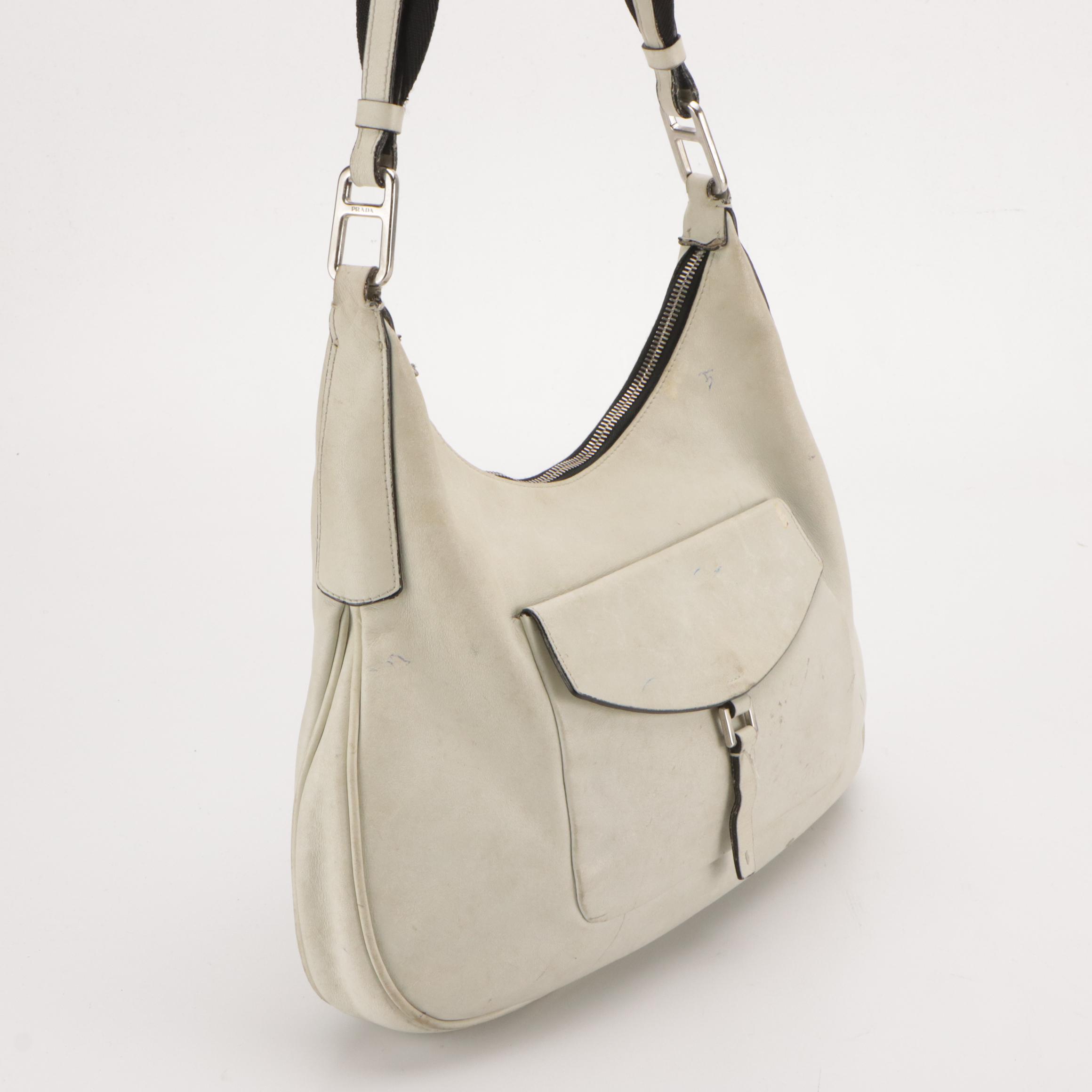 Prada Front-Pocket Shoulder Bag in White Leather with Black Canvas Strap