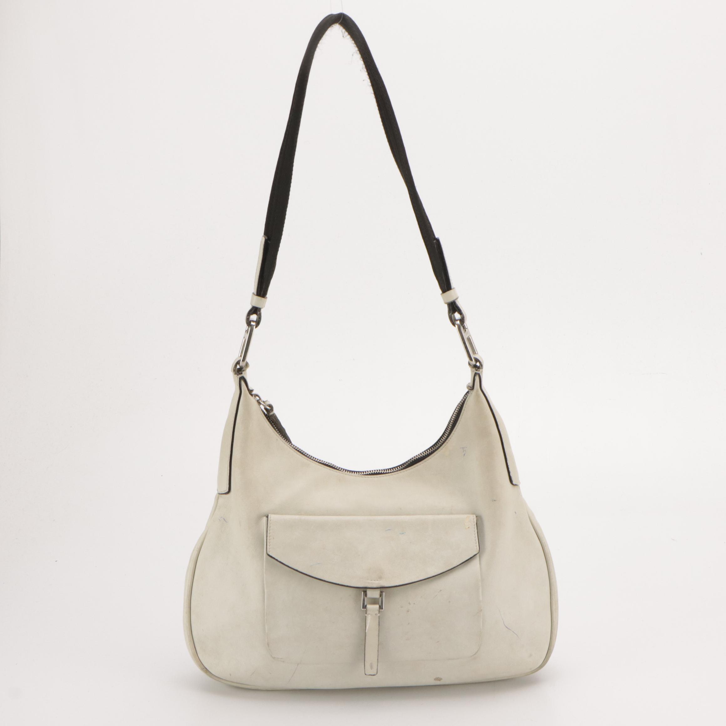 Prada Front-Pocket Shoulder Bag in White Leather with Black Canvas Strap